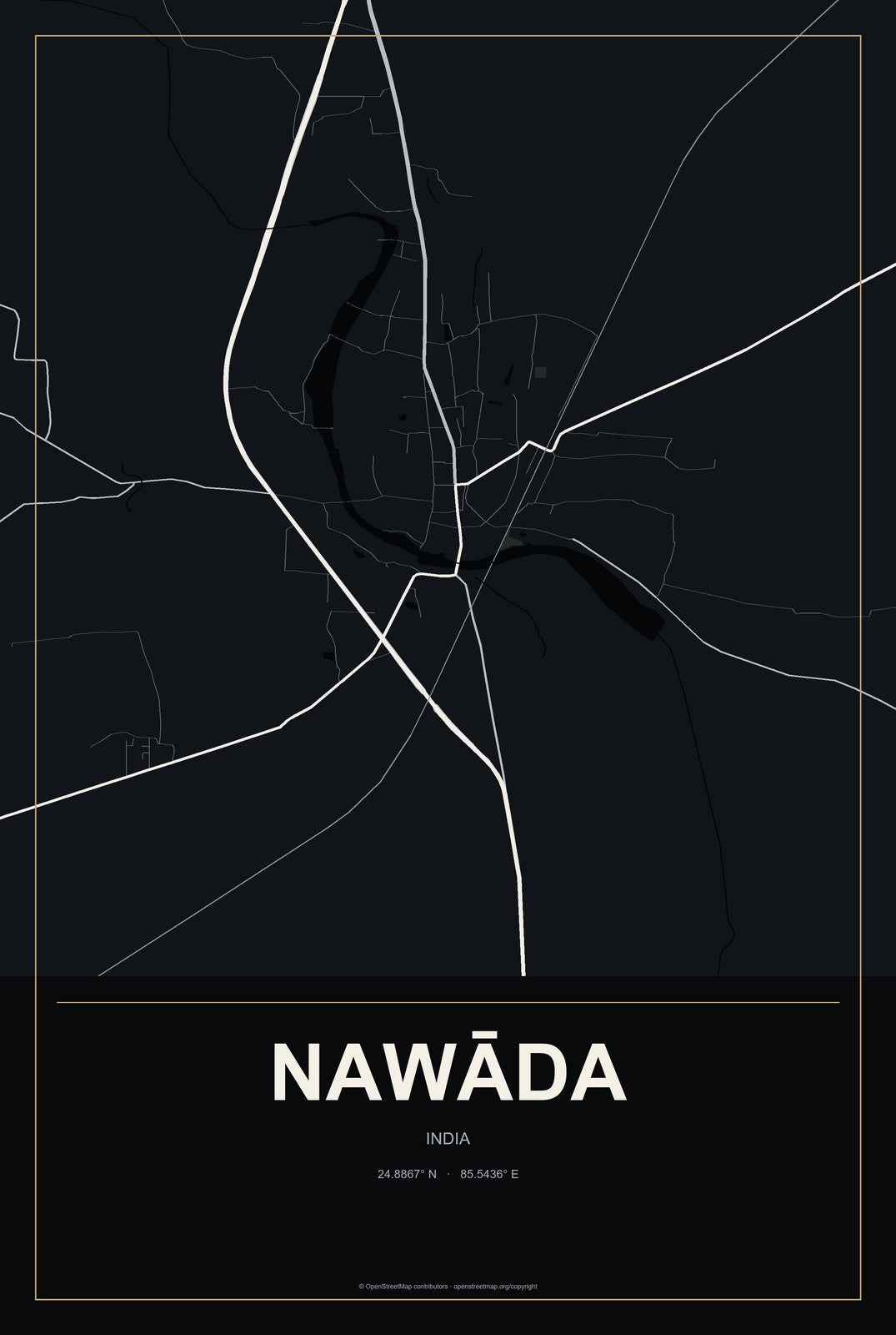 Nawāda, India City Map Aluminum Sign in Metropolitan Noir style