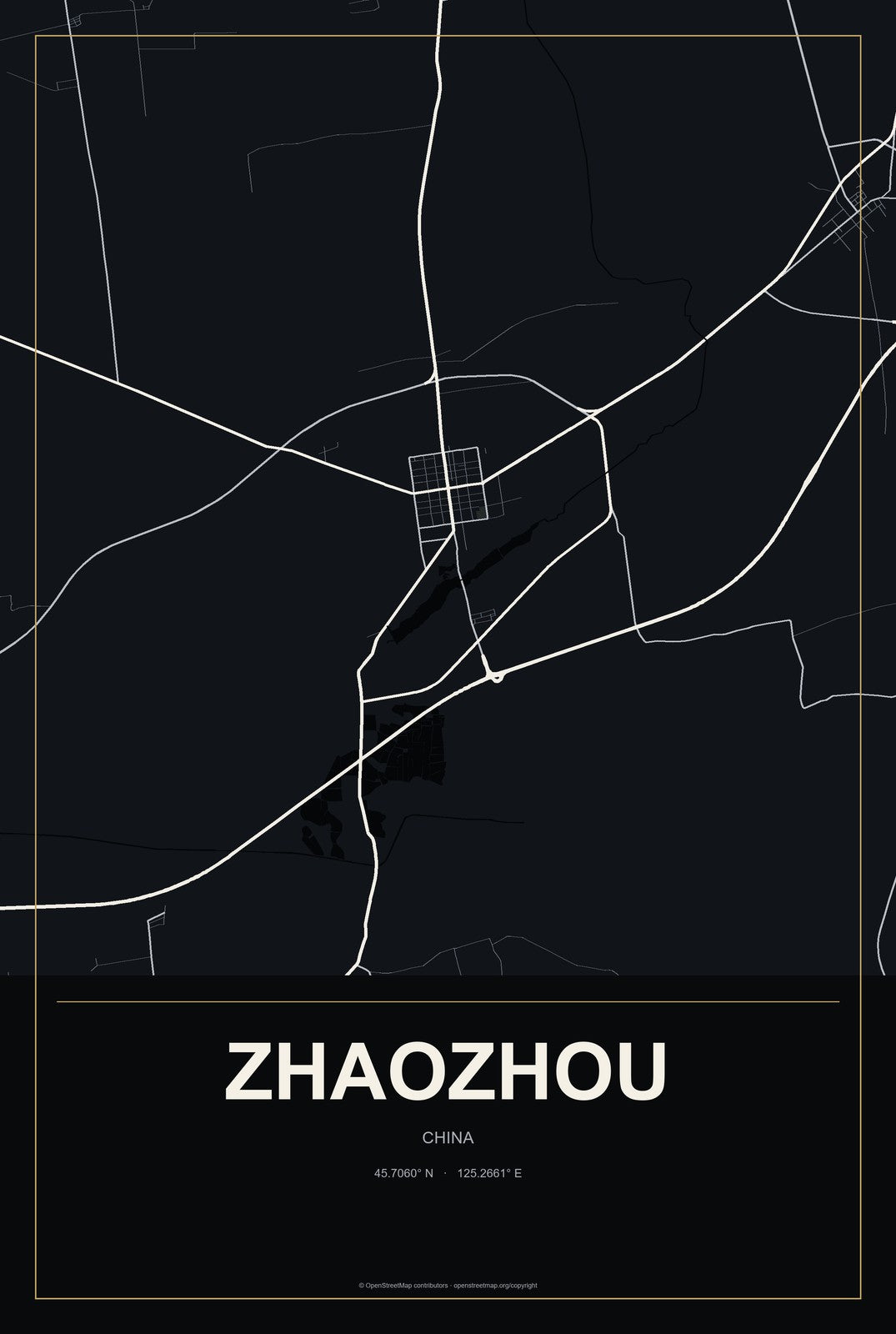 Zhaozhou, China City Map Aluminum Sign in Metropolitan Noir style