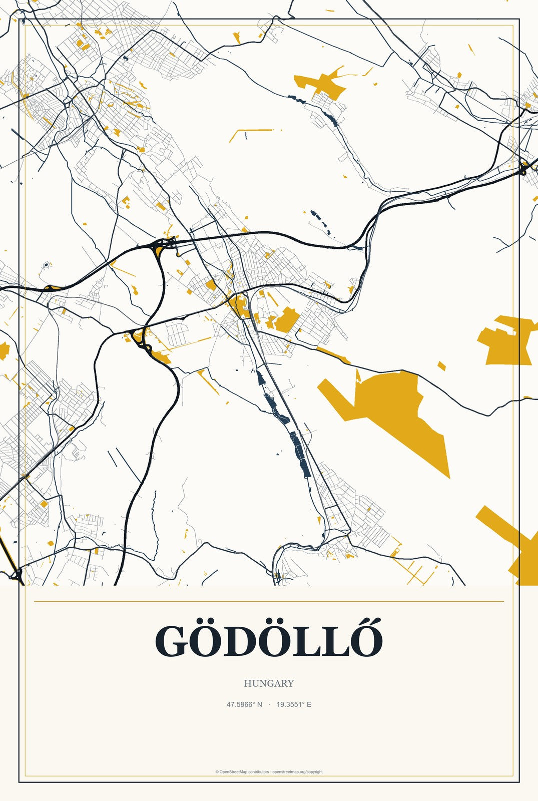 Gödöllő, Hungary City Map Aluminum Sign in Citrine Modern style