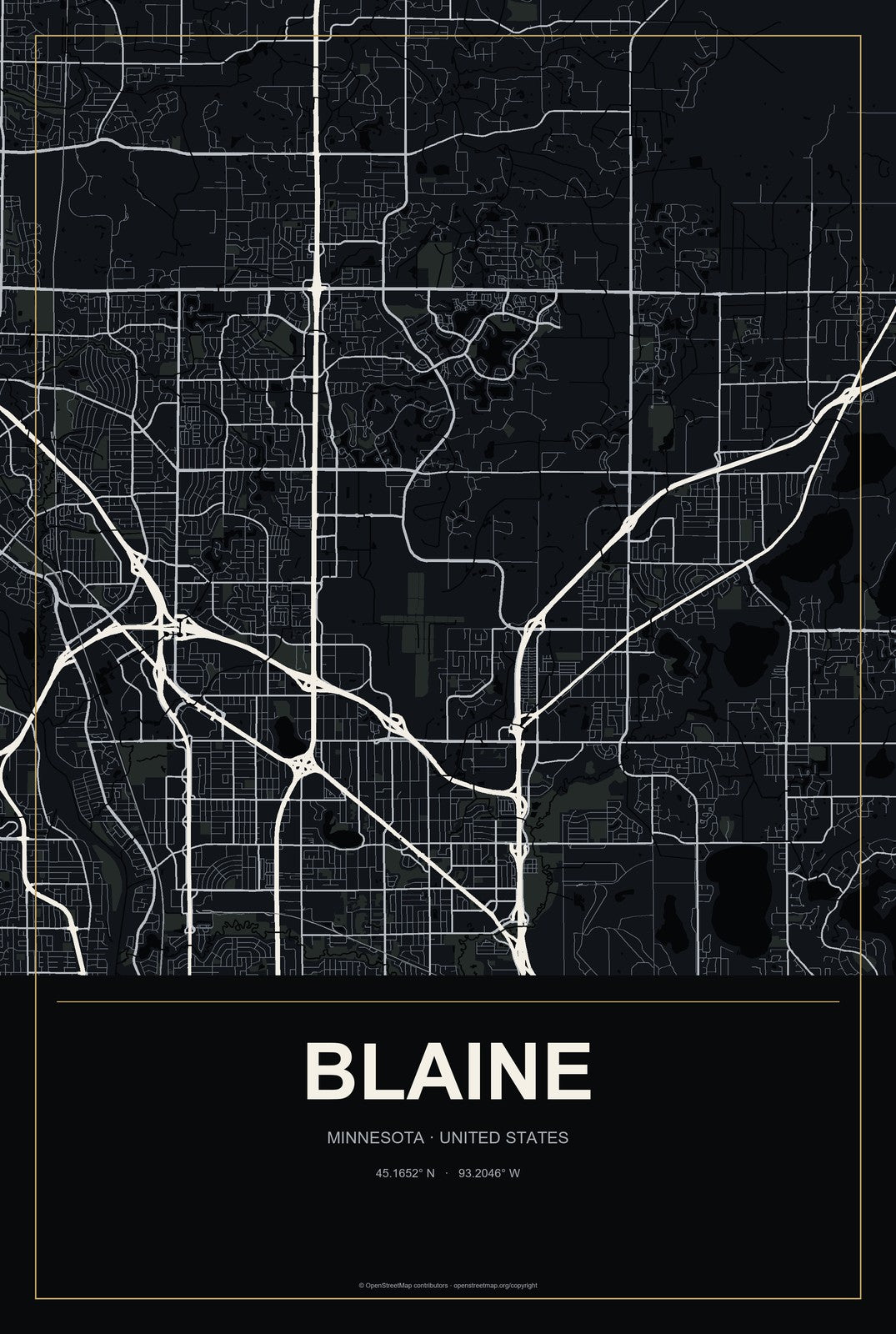 Blaine, Minnesota City Map Aluminum Sign in Metropolitan Noir style