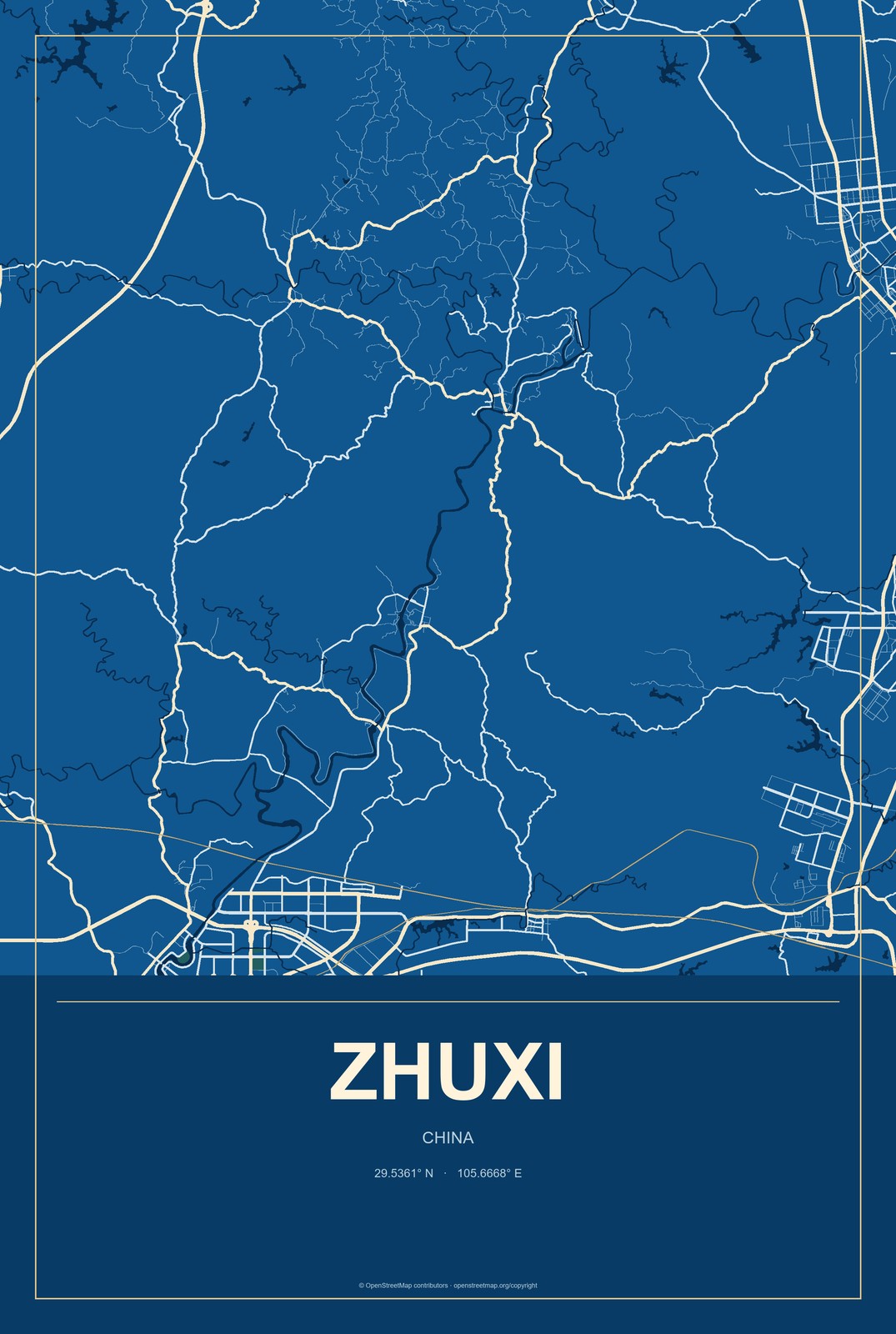 Zhuxi, China City Map Aluminum Sign in Harbor Cobalt style