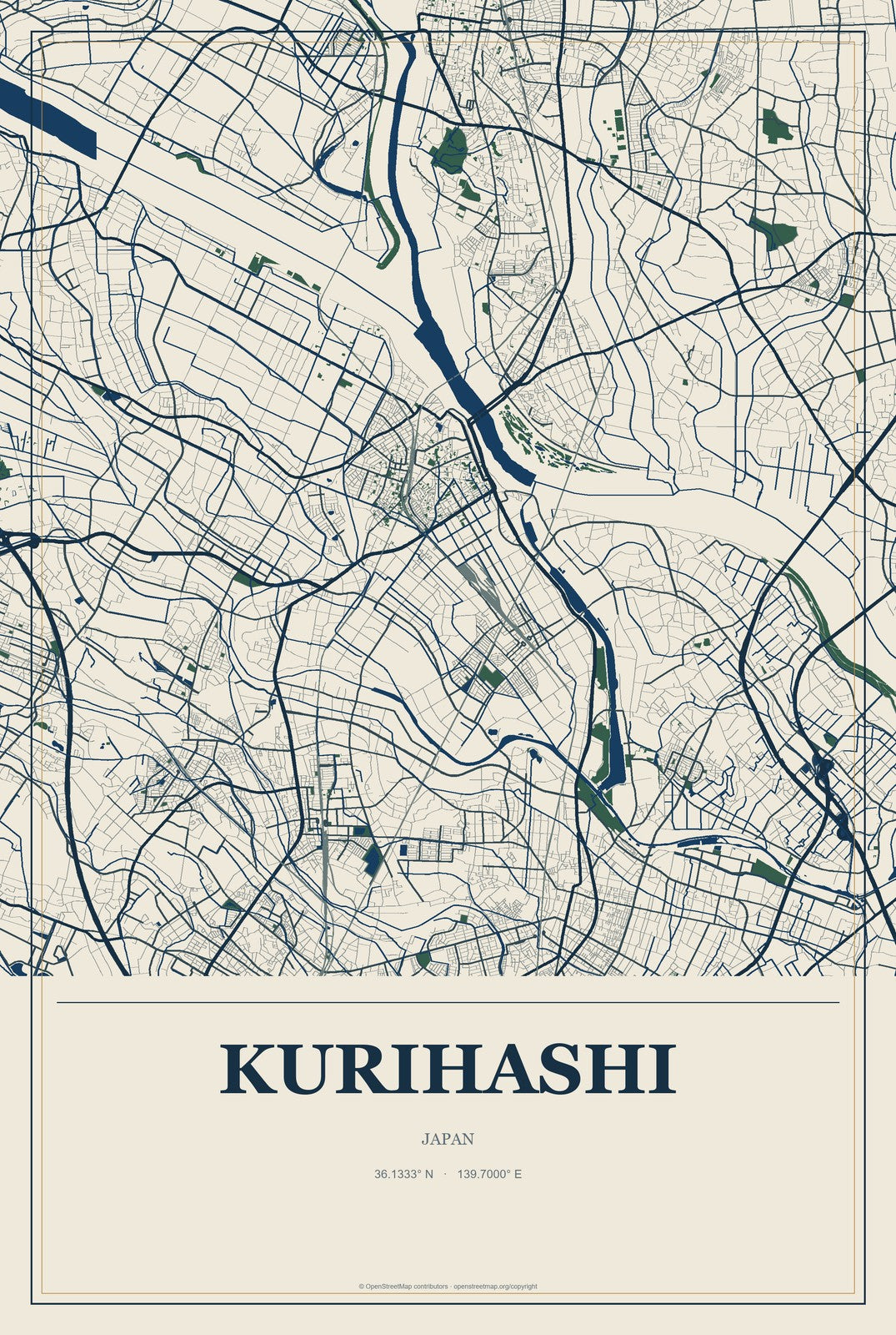 Kurihashi, Japan City Map Aluminum Sign in Coastal Cutout style
