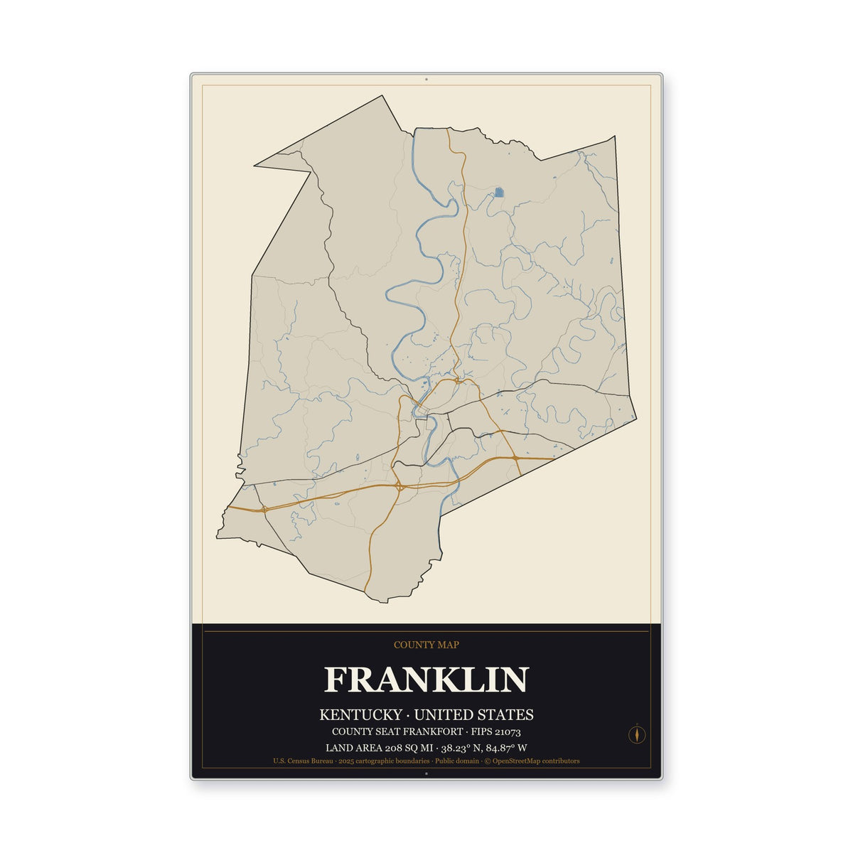 Franklin County, Kentucky Map Aluminum Sign in Museum Plaque style