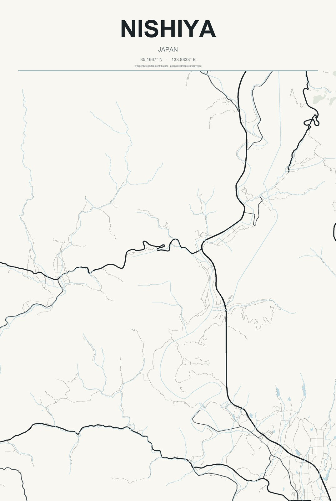 Nishiya, Japan City Map Aluminum Sign in Headline Atlas style
