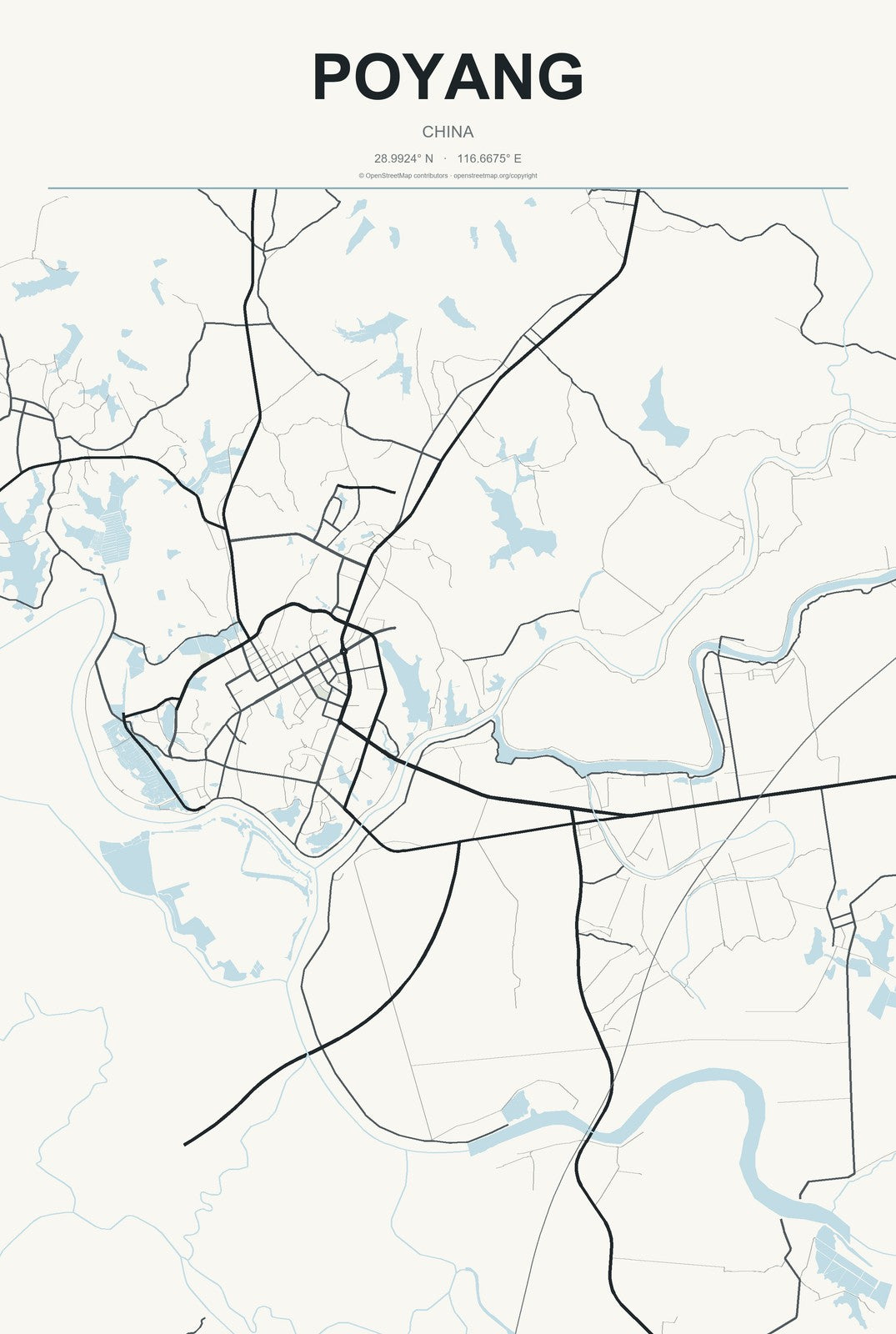 Poyang, China City Map Aluminum Sign in Headline Atlas style