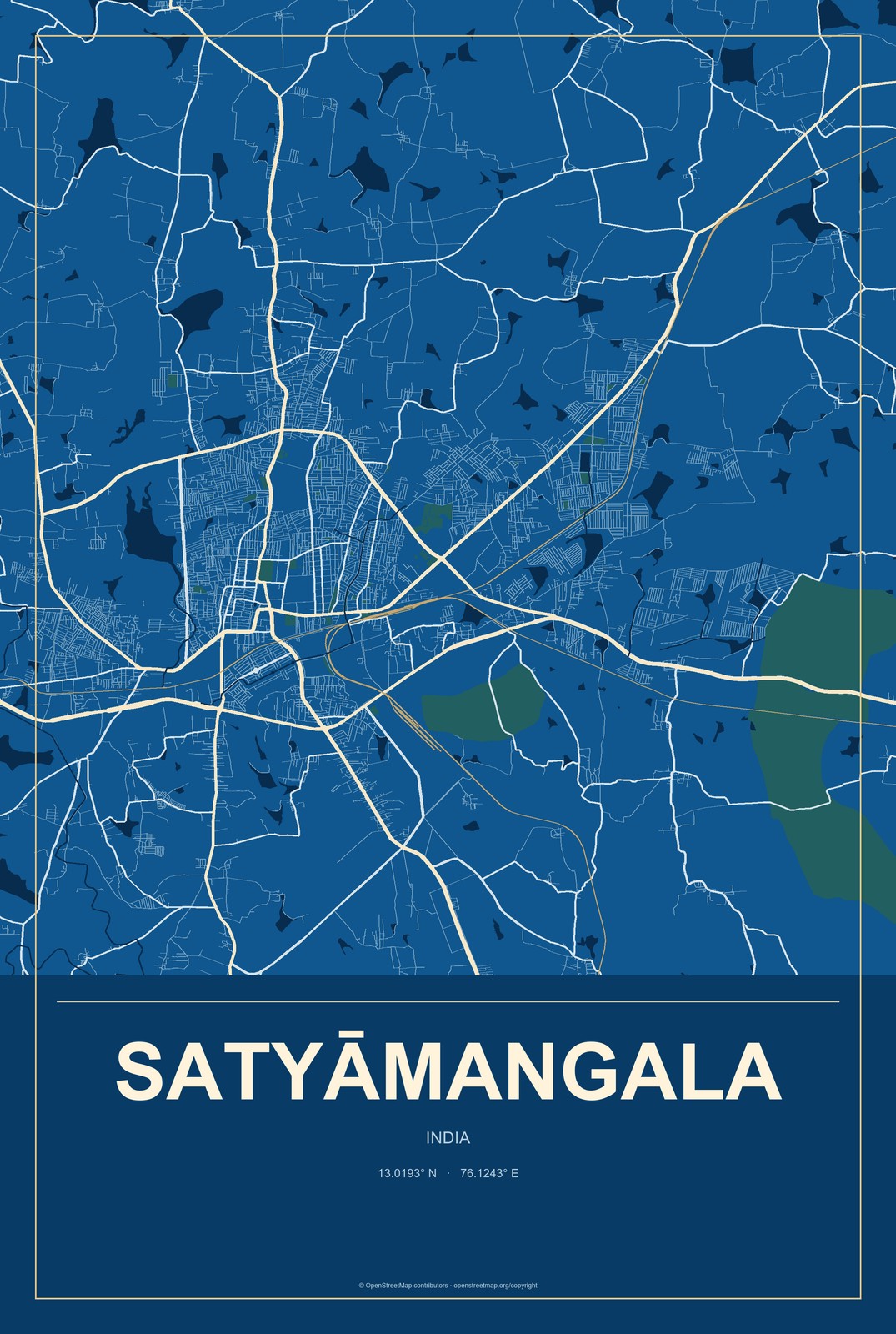 Satyāmangala, India City Map Aluminum Sign in Harbor Cobalt style