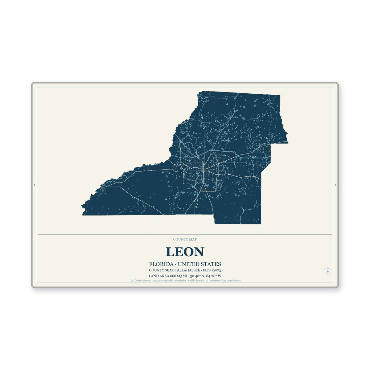 Leon County, Florida Map Aluminum Sign in Coastal Cutout style