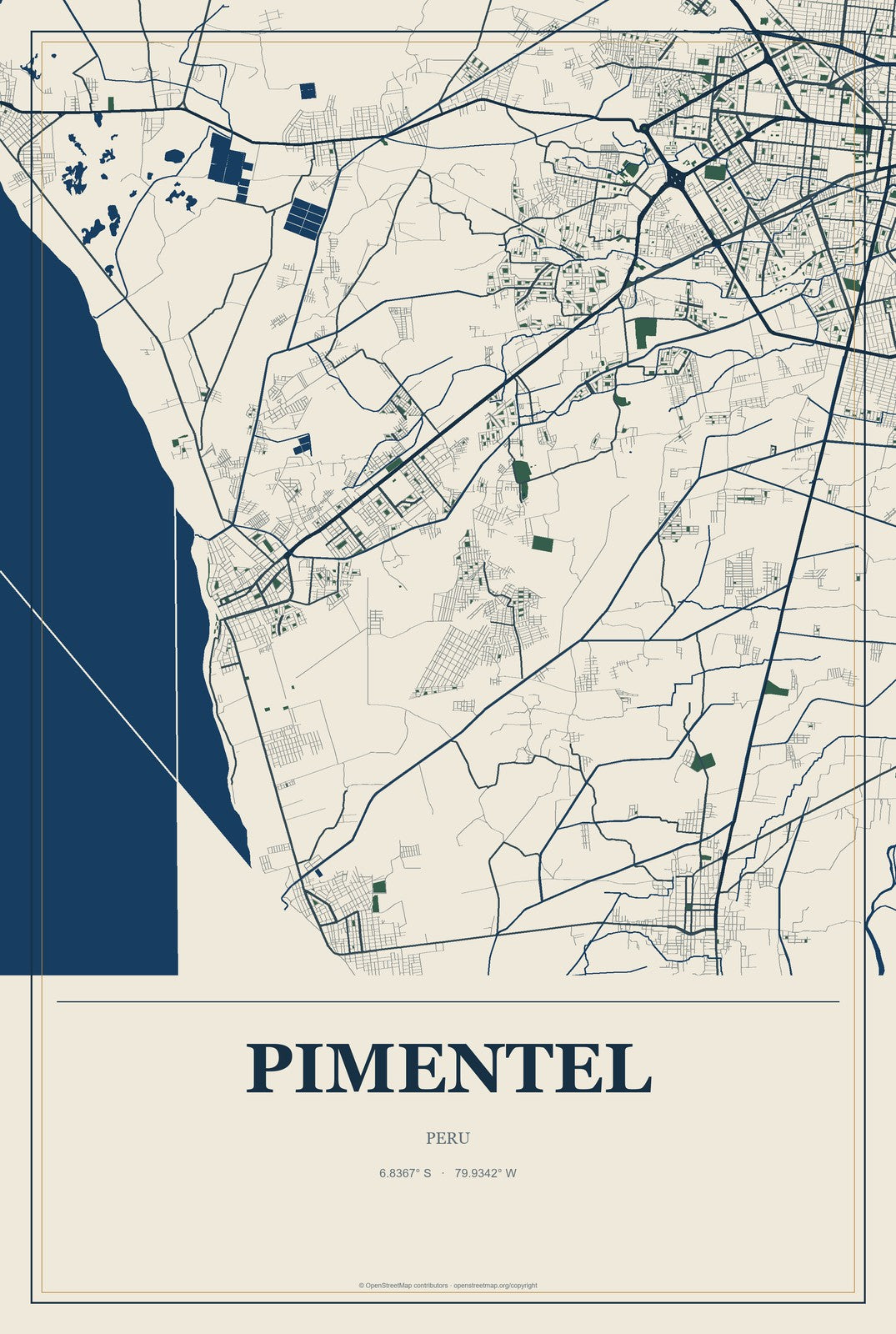 Pimentel, Peru City Map Aluminum Sign in Coastal Cutout style