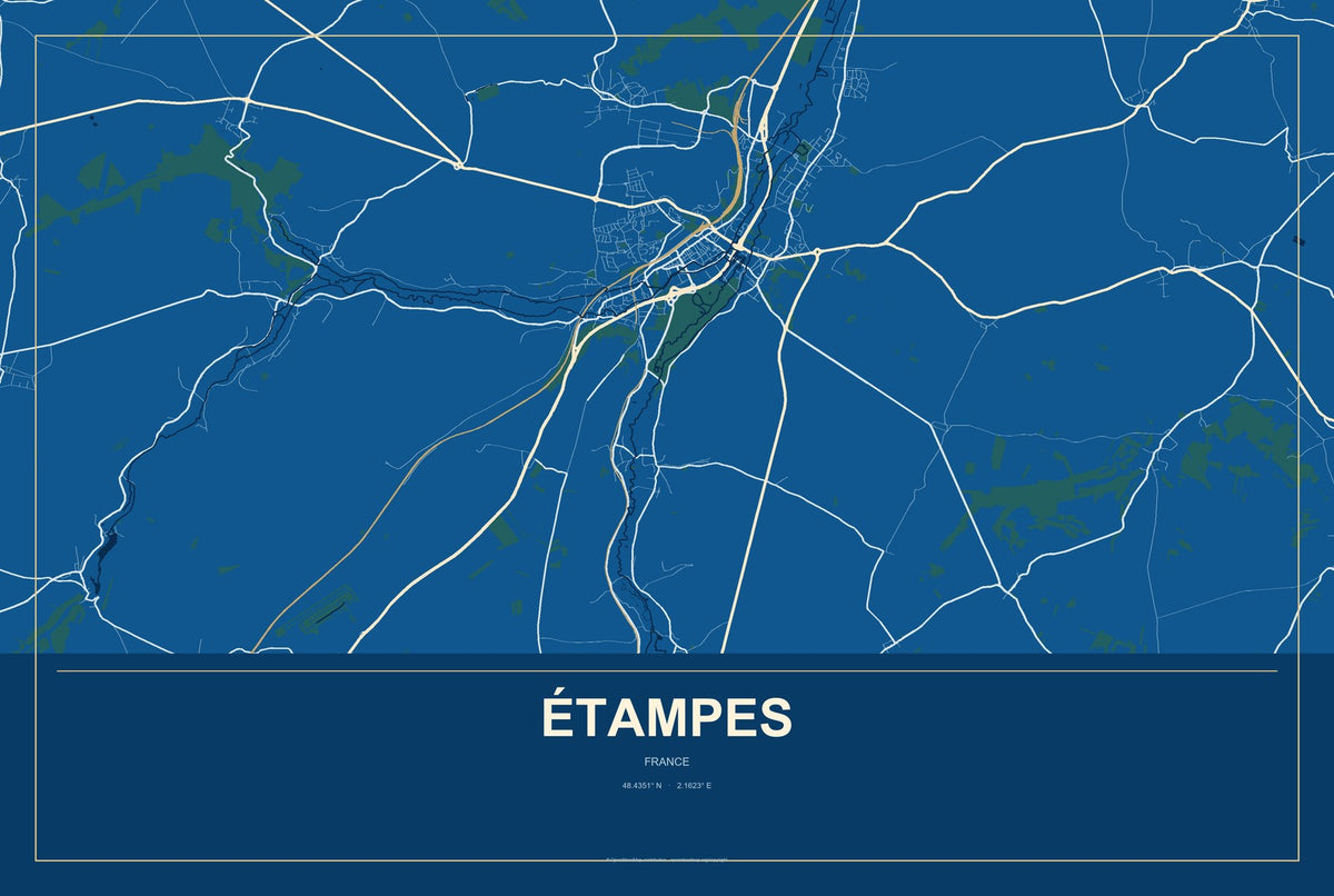 Étampes, France City Map Aluminum Sign in Harbor Cobalt style