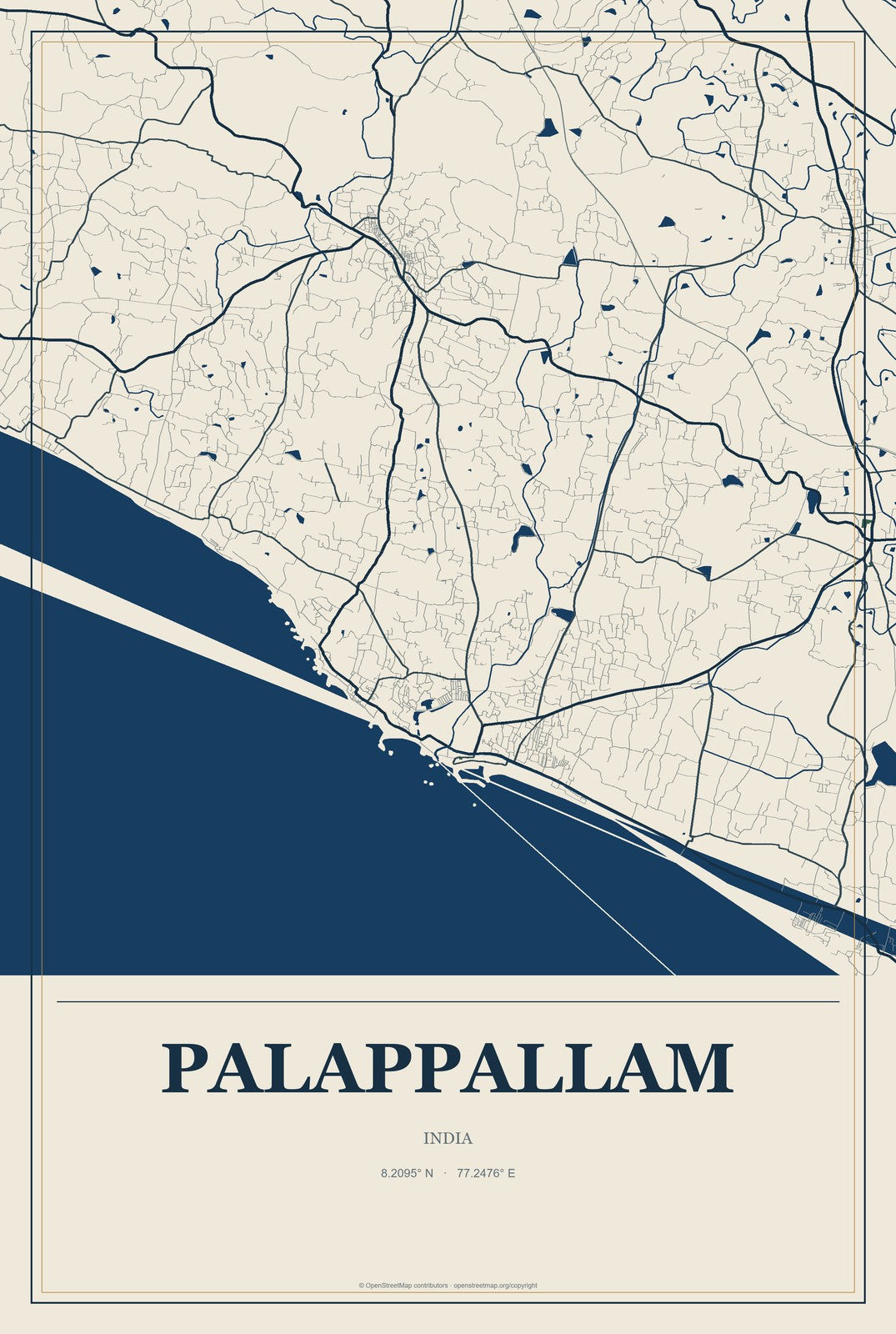 Palappallam, India City Map Aluminum Sign in Coastal Cutout style