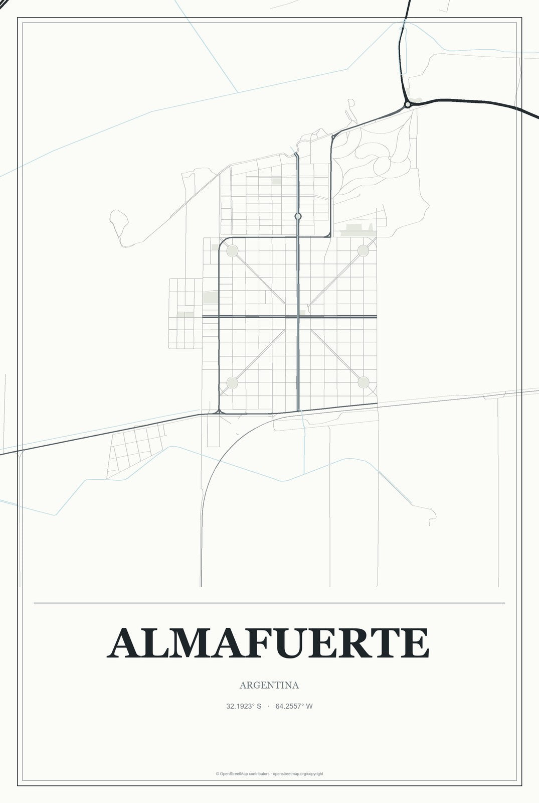 Almafuerte, Argentina City Map Aluminum Sign in Gallery Air style