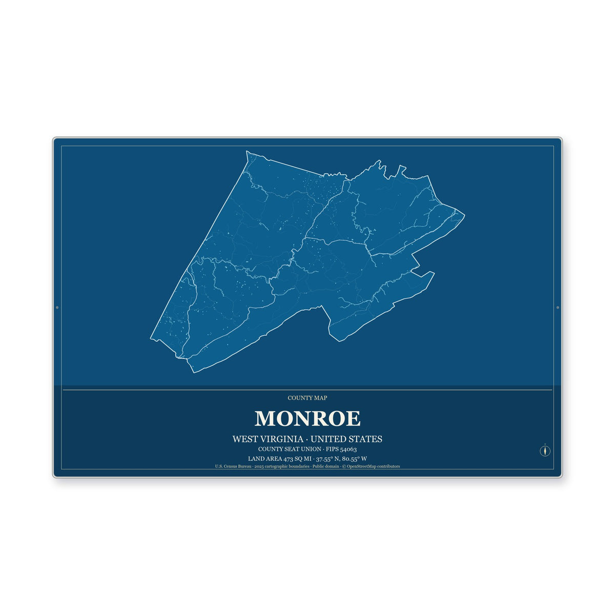 Monroe County, West Virginia Map Aluminum Sign in Harbor Cobalt style