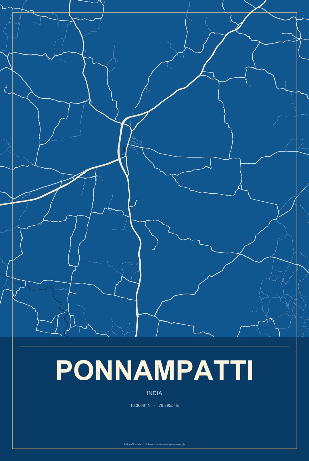 Ponnampatti, India City Map Aluminum Sign in Harbor Cobalt style