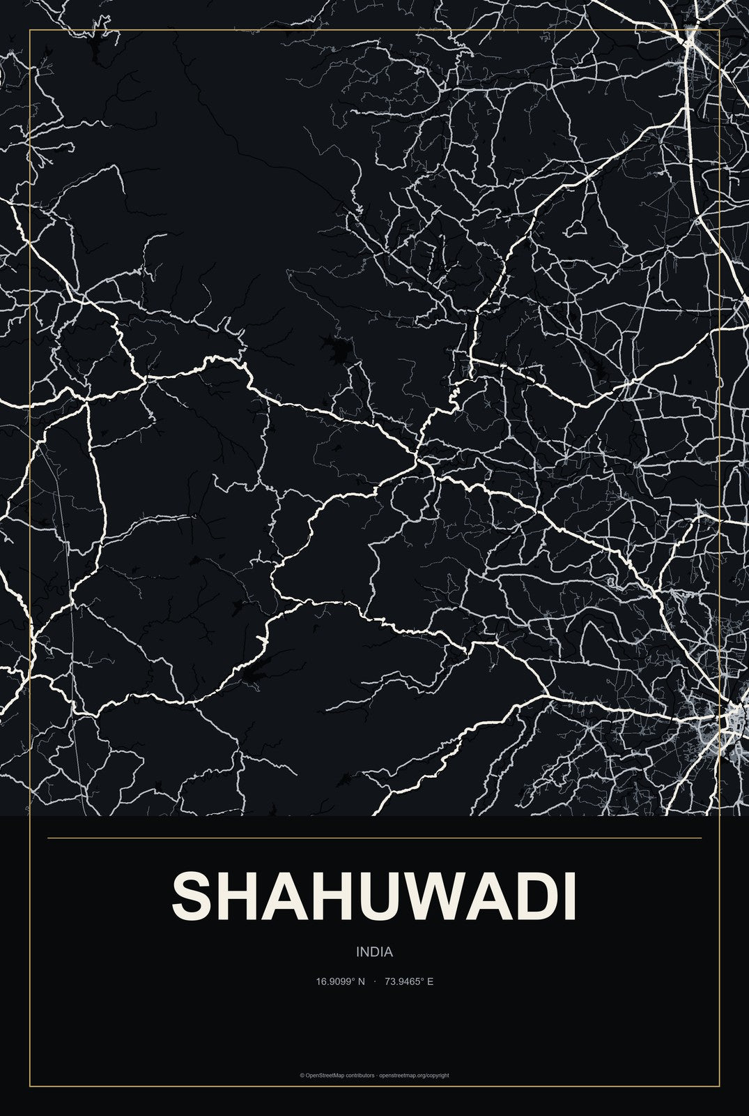 Shahuwadi, India City Map Aluminum Sign in Metropolitan Noir style