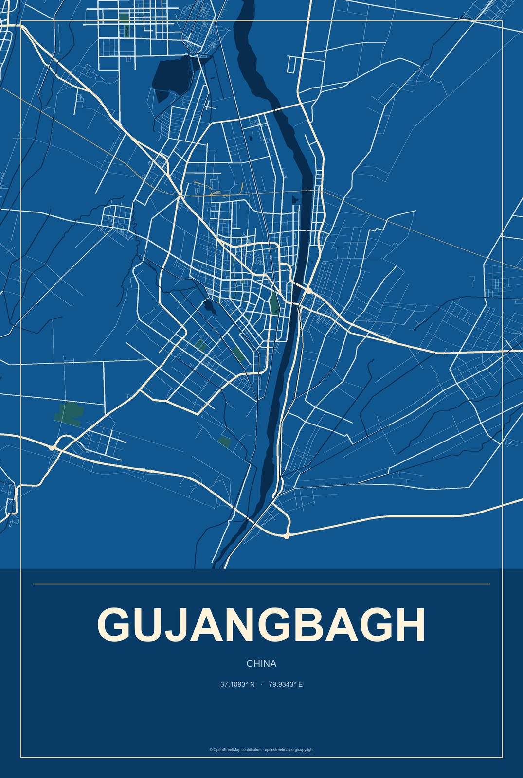 Gujangbagh, China City Map Aluminum Sign in Harbor Cobalt style