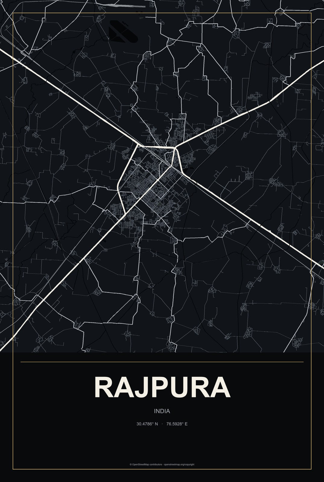 Rajpura, India City Map Aluminum Sign in Metropolitan Noir style