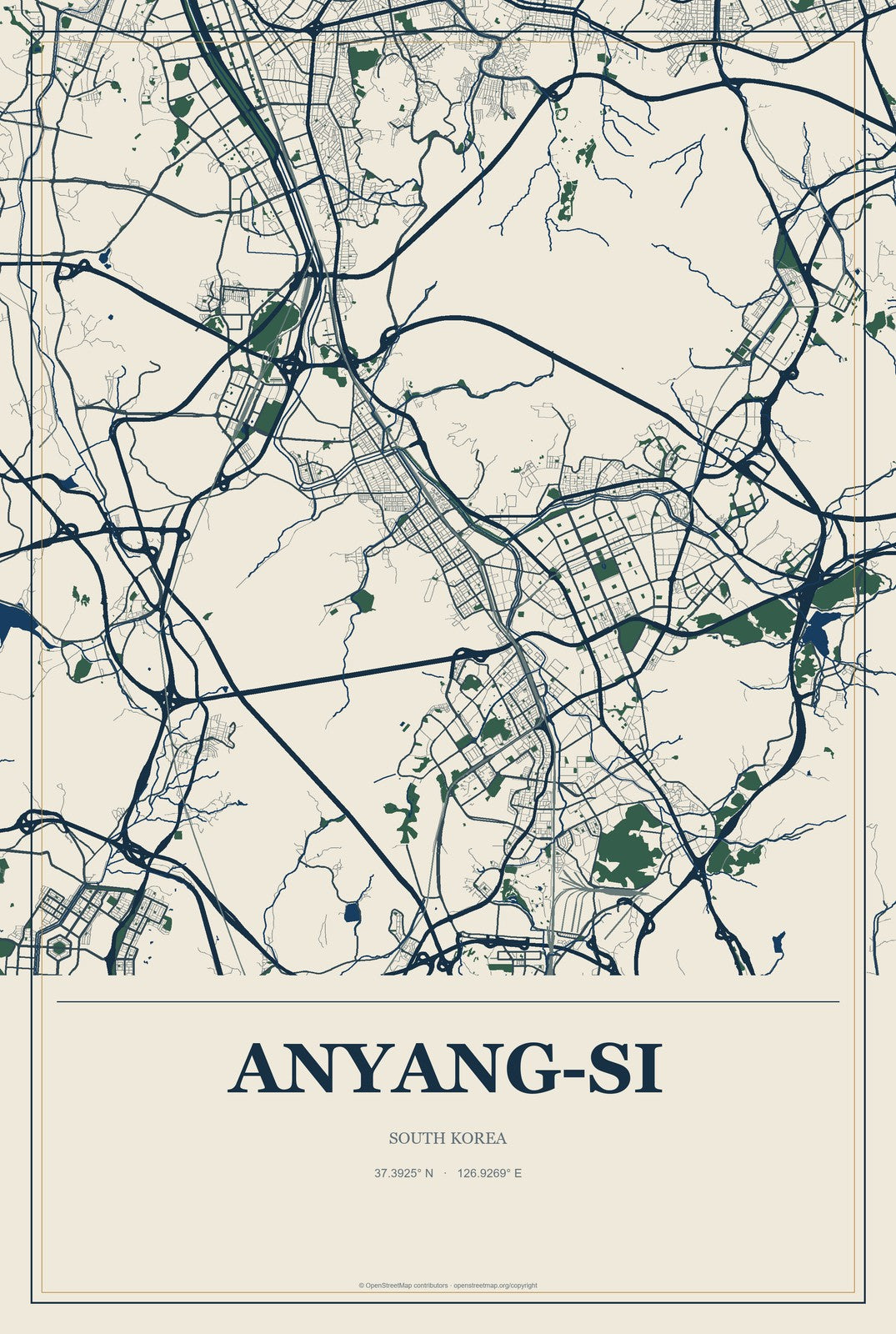 Anyang-si, South Korea City Map Aluminum Sign in Coastal Cutout style