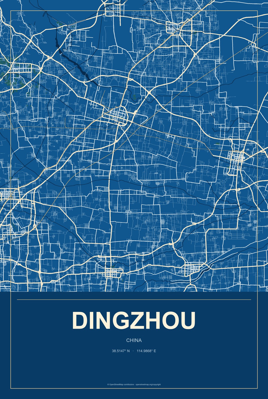 Dingzhou, China City Map Aluminum Sign in Harbor Cobalt style
