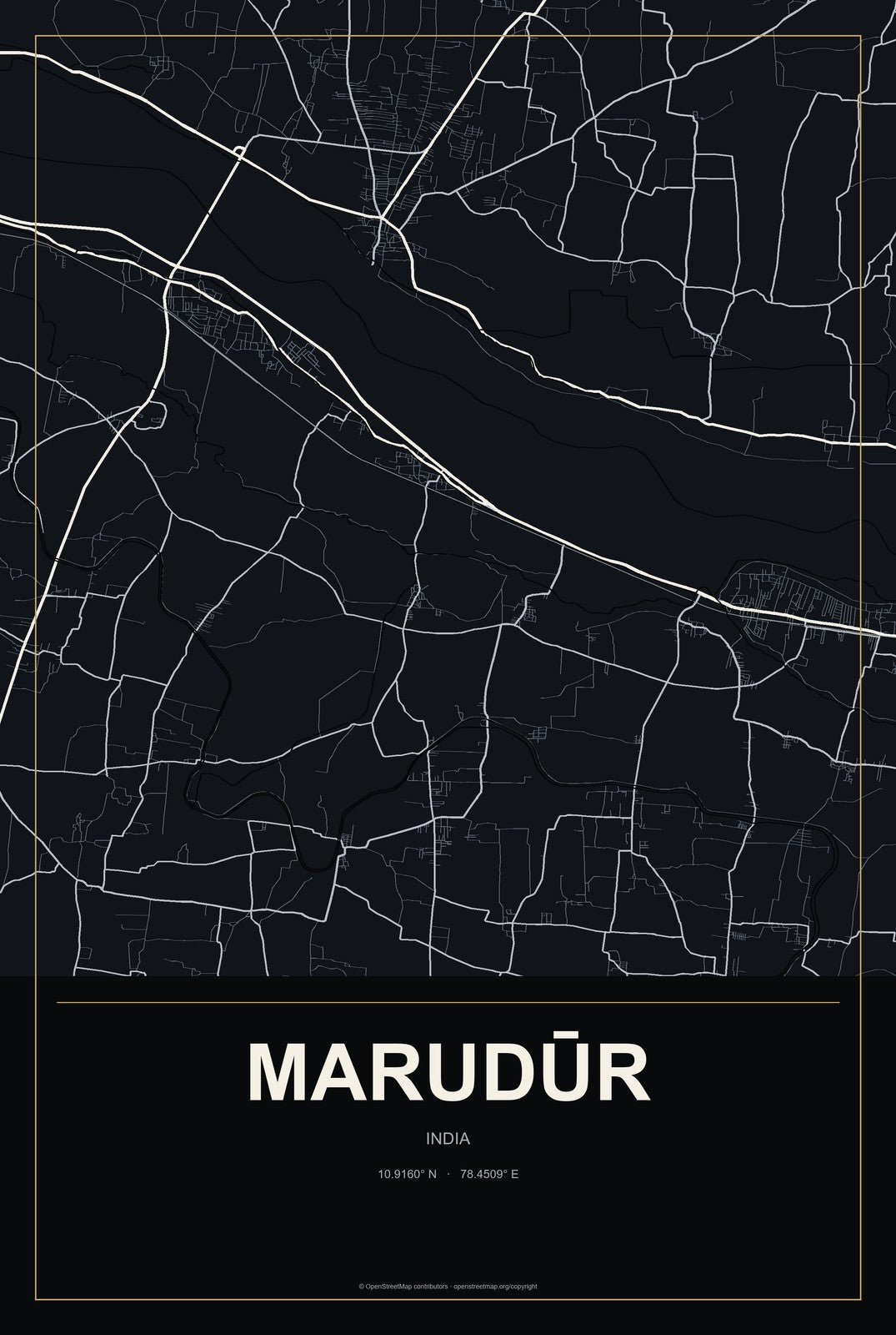 Marudūr, India City Map Aluminum Sign in Metropolitan Noir style