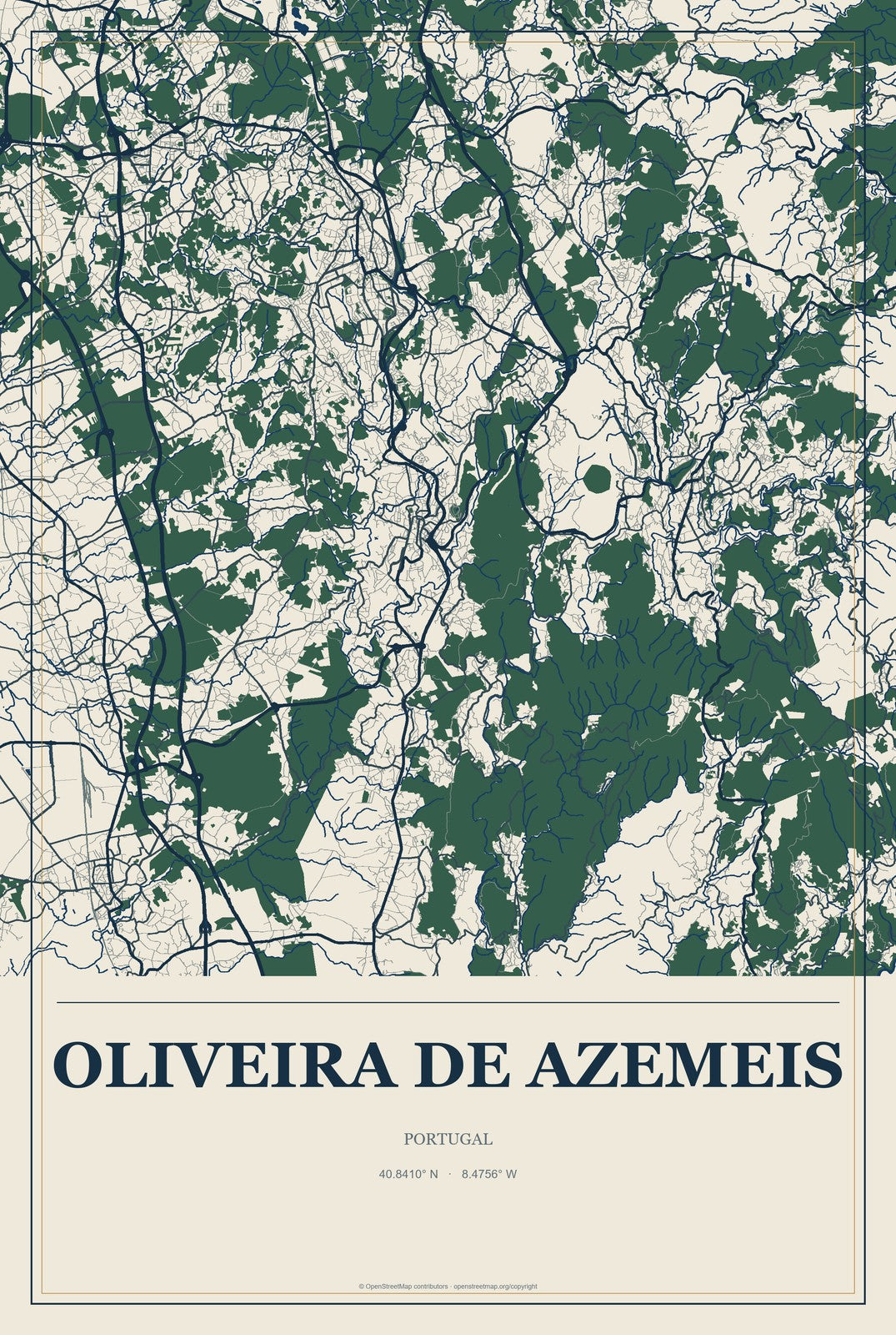 Oliveira de Azemeis, Portugal City Map Aluminum Sign in Coastal Cutout style