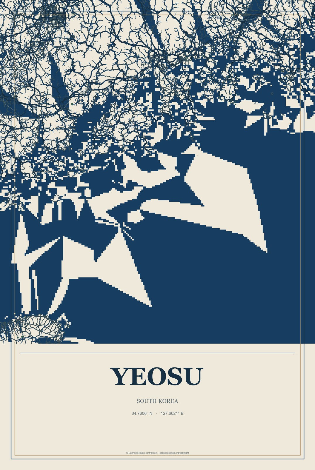 Yeosu, South Korea City Map Aluminum Sign in Coastal Cutout style