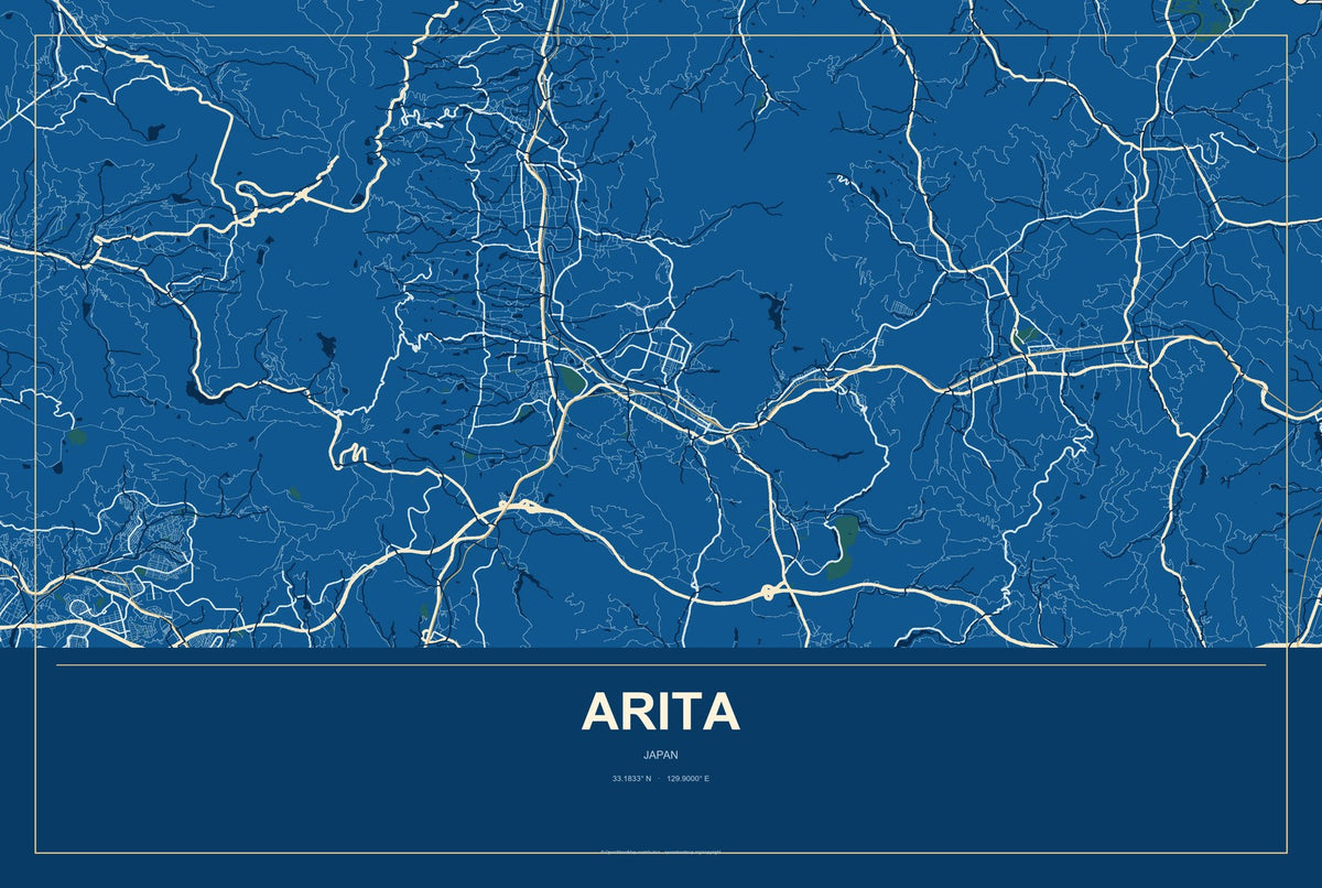 Arita, Japan City Map Aluminum Sign in Harbor Cobalt style