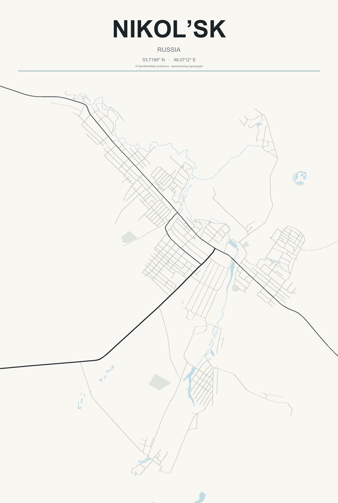 Nikol’sk, Russia City Map Aluminum Sign in Headline Atlas style