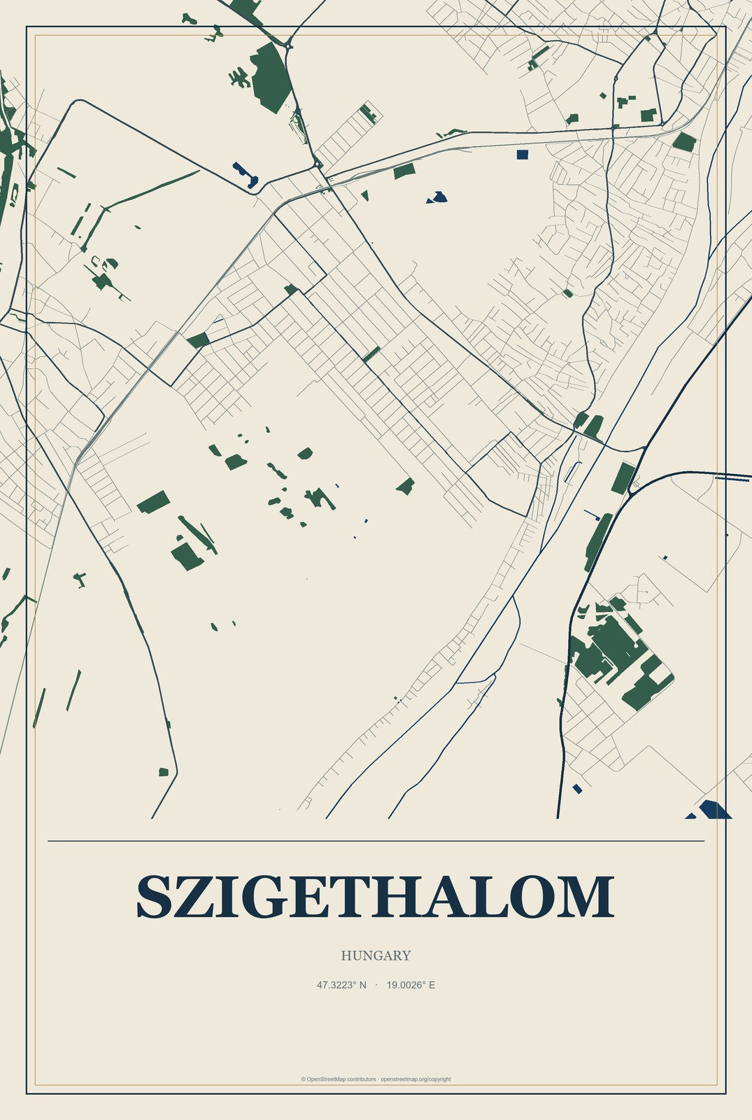 Szigethalom, Hungary City Map Aluminum Sign in Coastal Cutout style