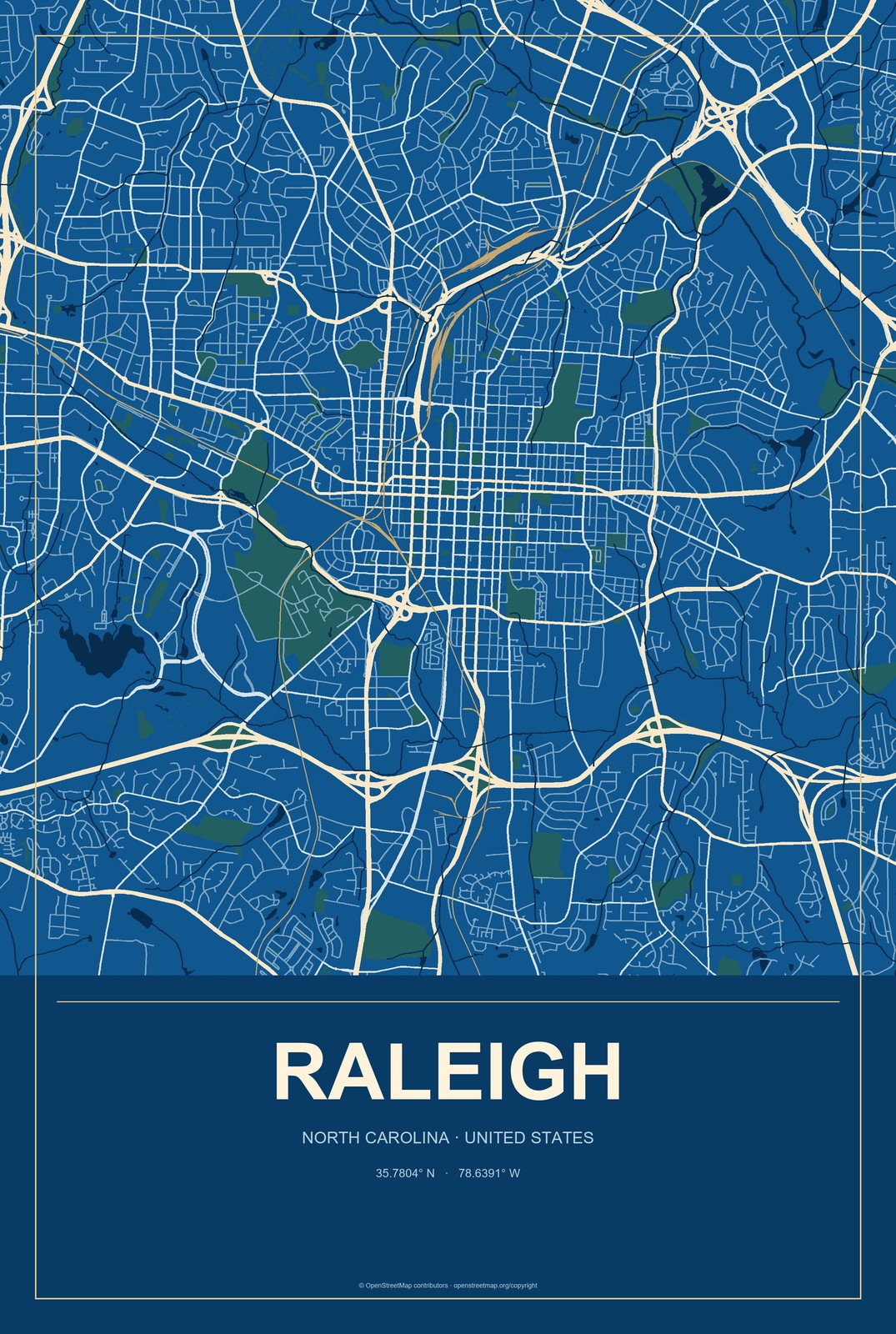 Raleigh, North Carolina City Map Aluminum Sign in Harbor Cobalt style