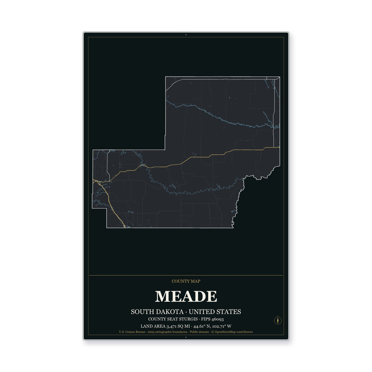 Meade County, South Dakota Map Aluminum Sign in Metropolitan Noir style