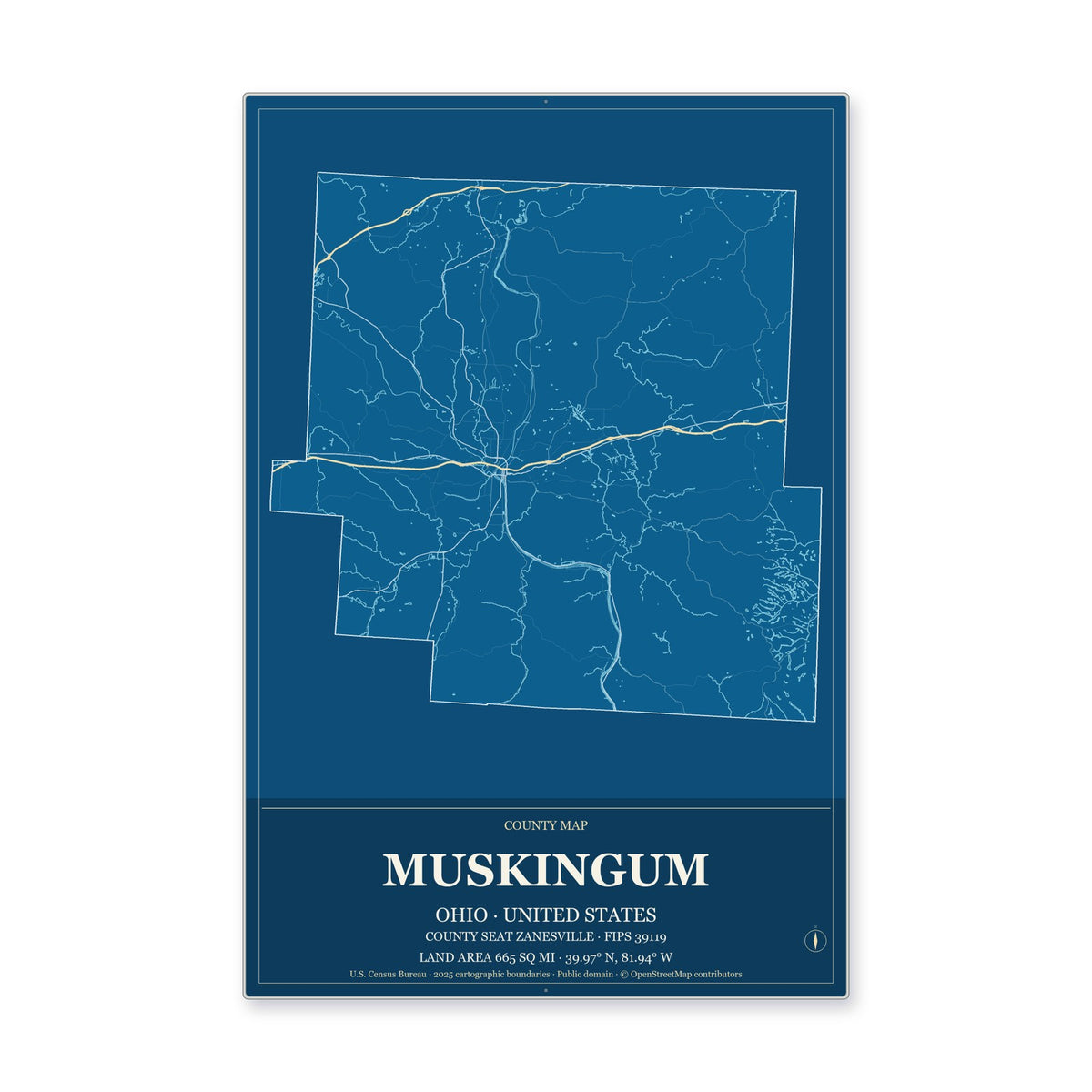 Muskingum County, Ohio Map Aluminum Sign in Harbor Cobalt style