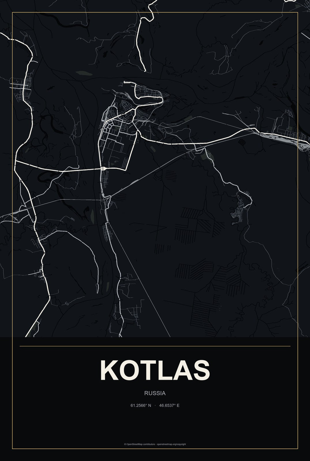 Kotlas, Russia City Map Aluminum Sign in Metropolitan Noir style