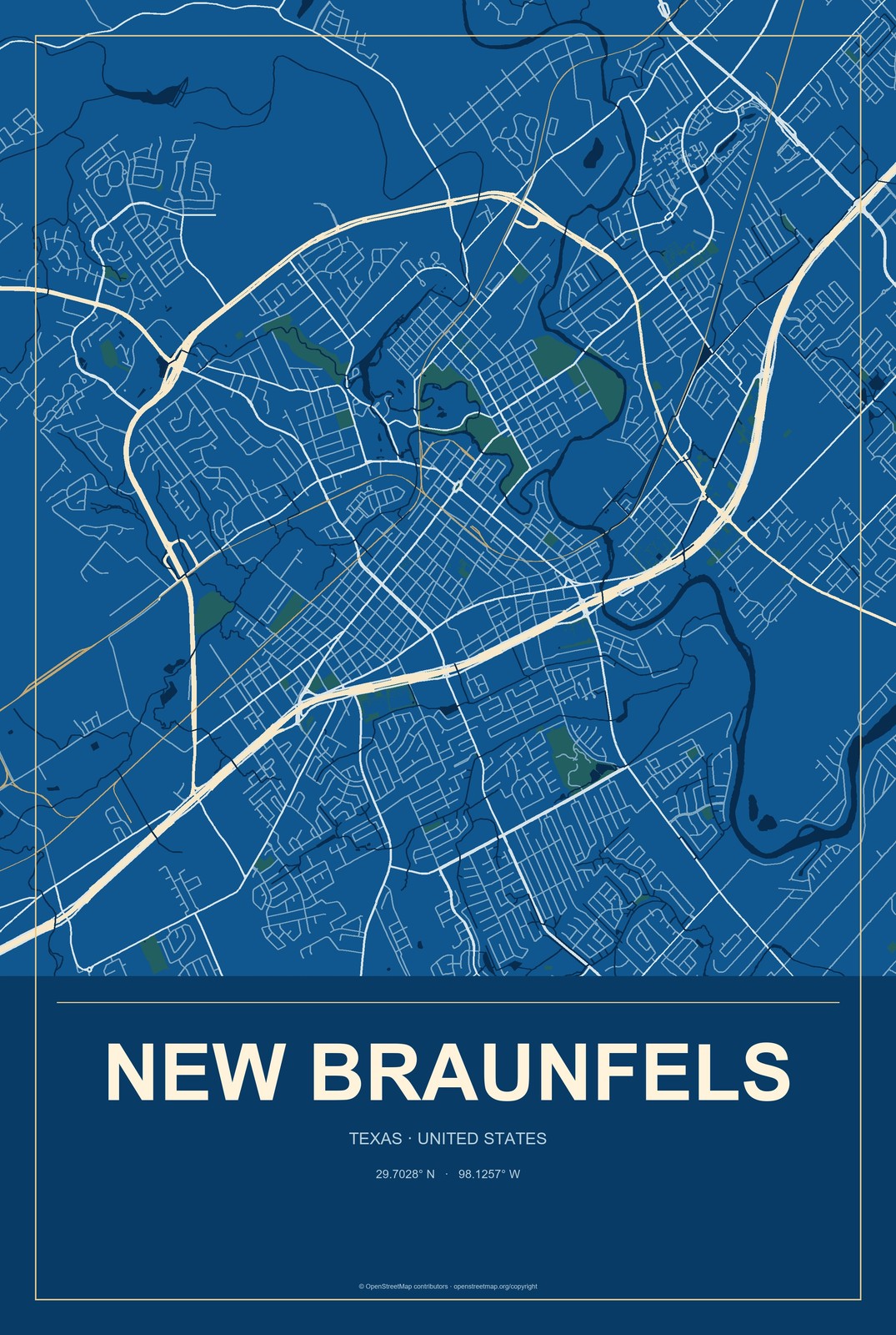 New Braunfels, Texas City Map Aluminum Sign in Harbor Cobalt style