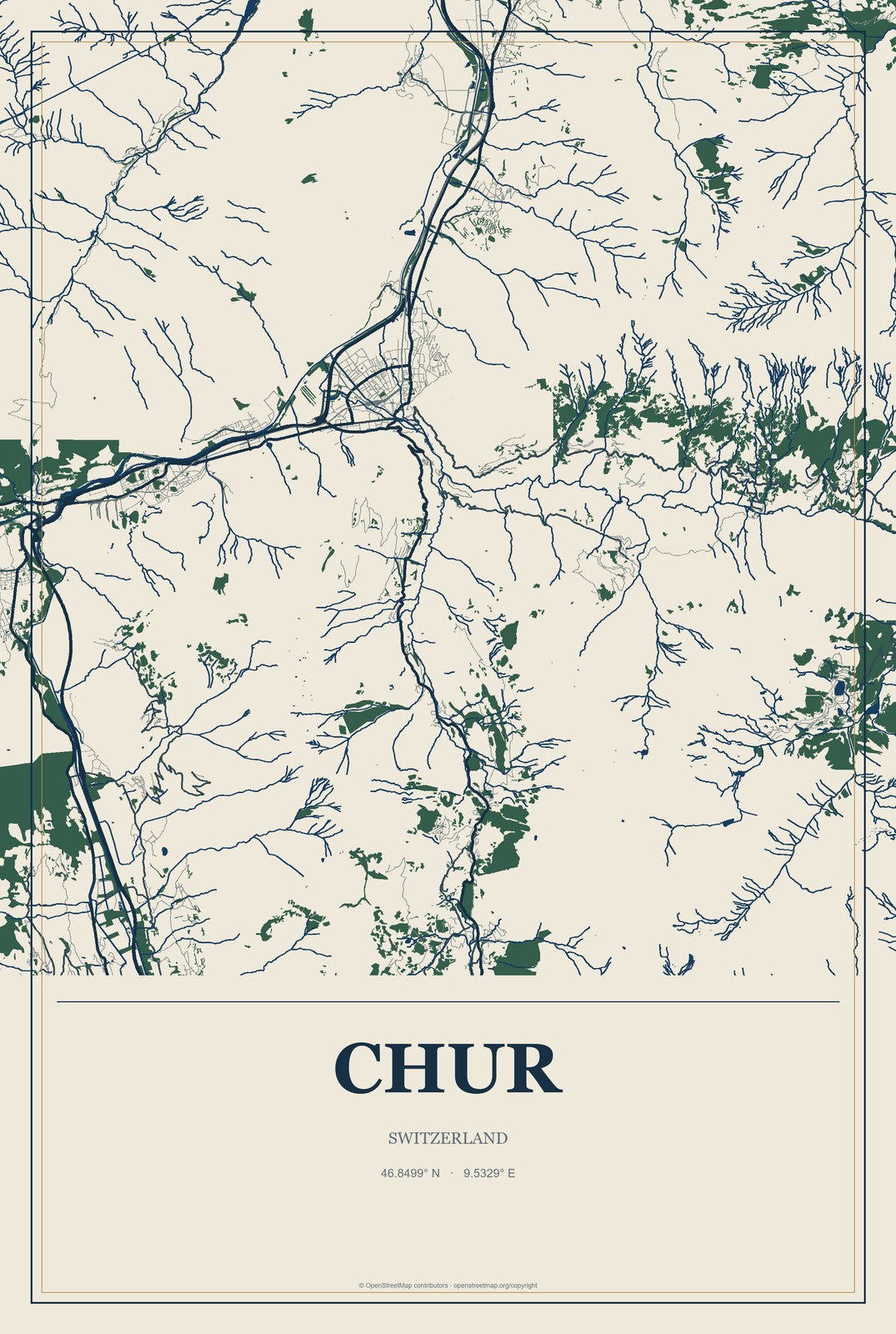 Chur, Switzerland City Map Aluminum Sign in Coastal Cutout style