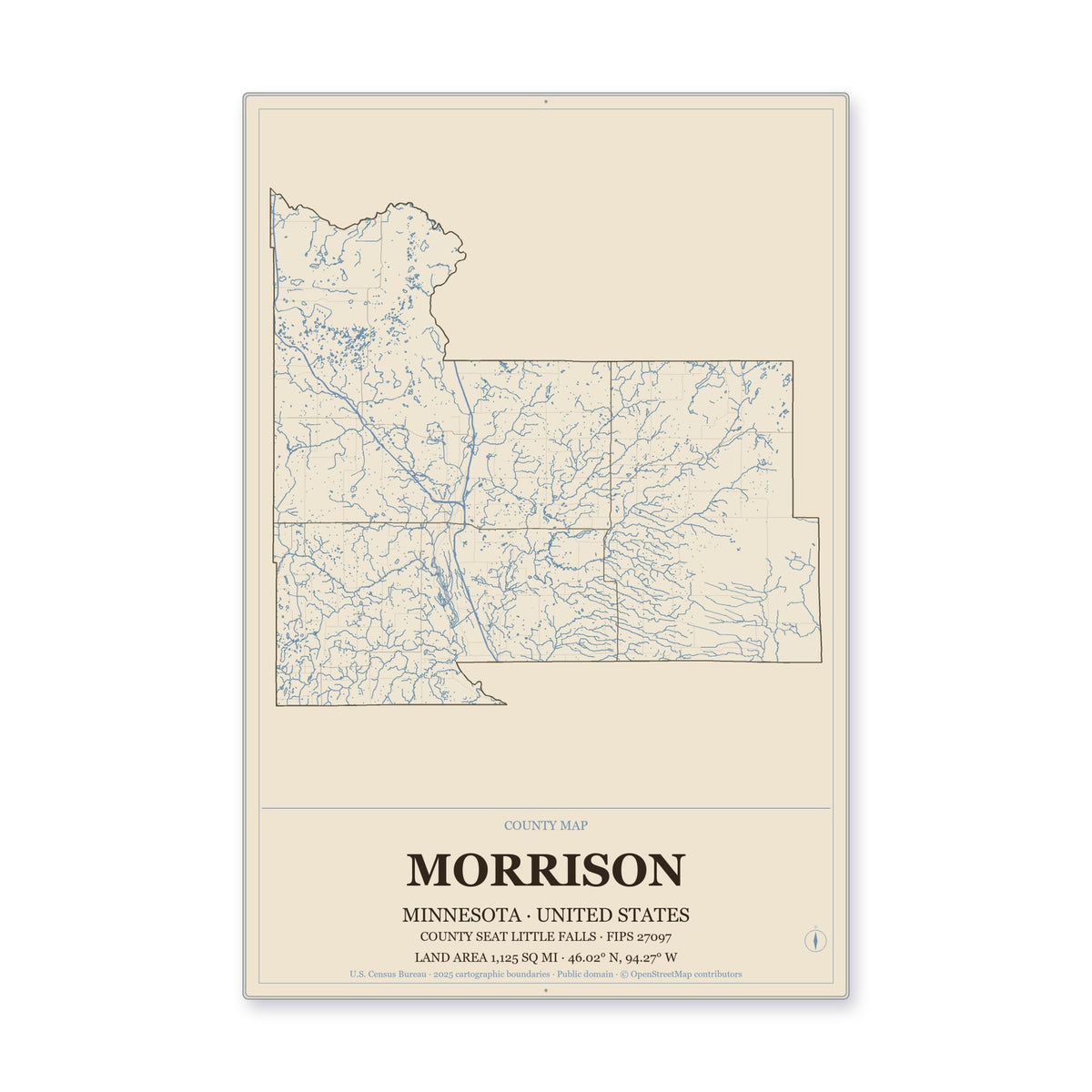 Morrison County, Minnesota Map Aluminum Sign in Heritage Nautical style