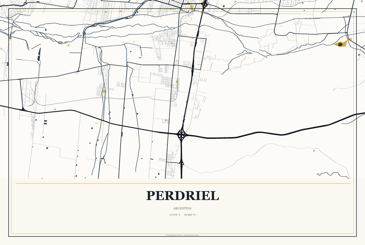Perdriel, Argentina City Map Aluminum Sign in Citrine Modern style