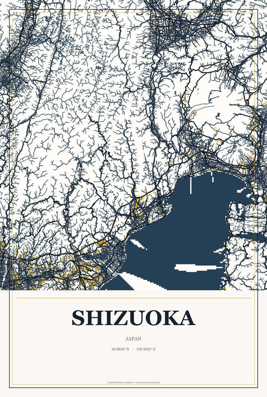 Shizuoka, Japan City Map Aluminum Sign in Citrine Modern style