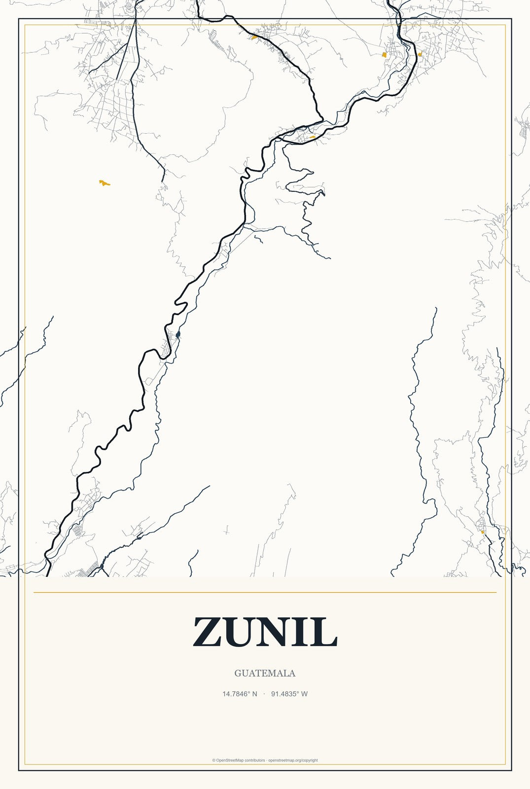 Zunil, Guatemala City Map Aluminum Sign in Citrine Modern style