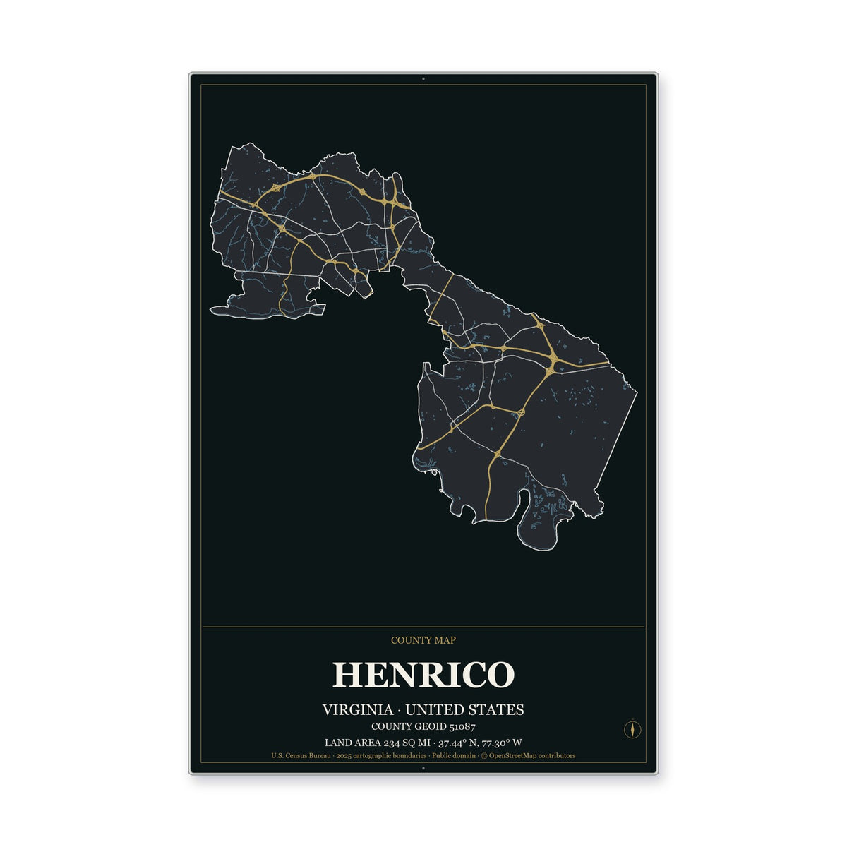 Henrico County, Virginia Map Aluminum Sign in Metropolitan Noir style