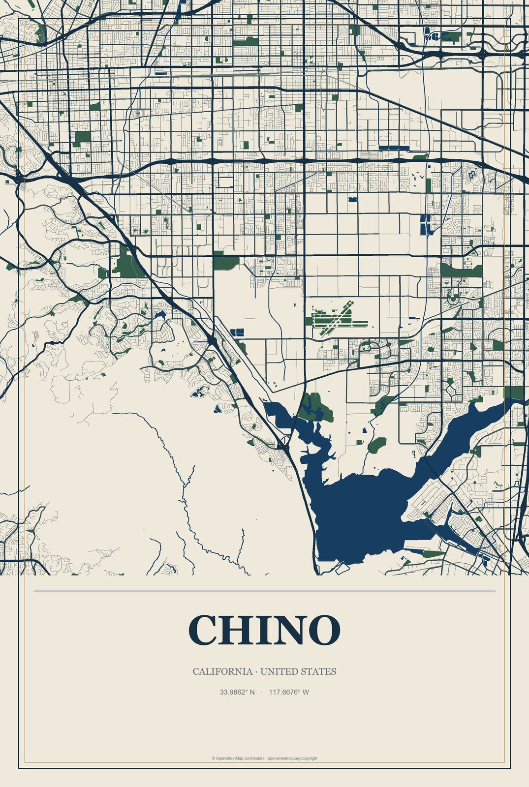 Chino, California City Map Aluminum Sign in Coastal Cutout style