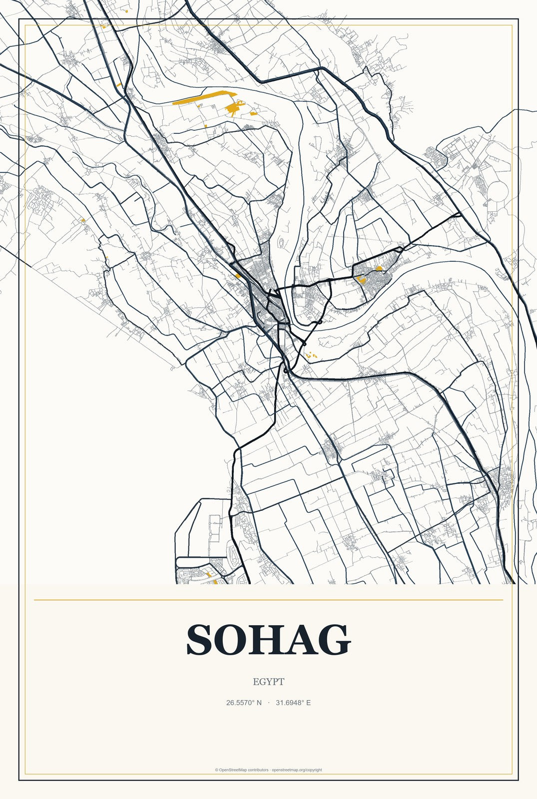 Sohag, Egypt City Map Aluminum Sign in Citrine Modern style