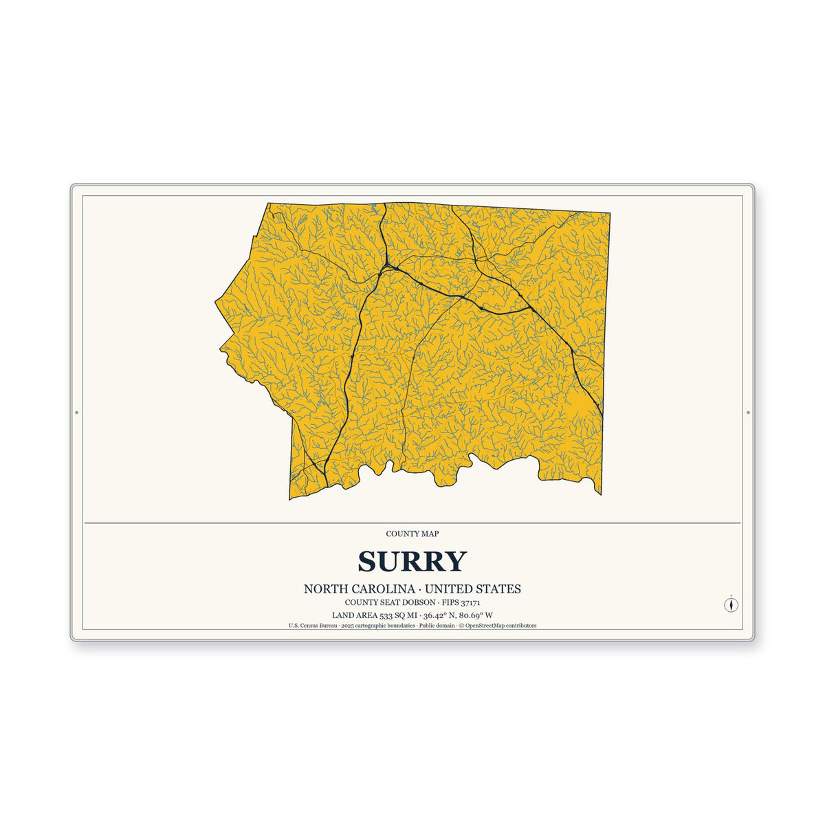 Surry County, North Carolina Map Aluminum Sign in Citrine Modern style