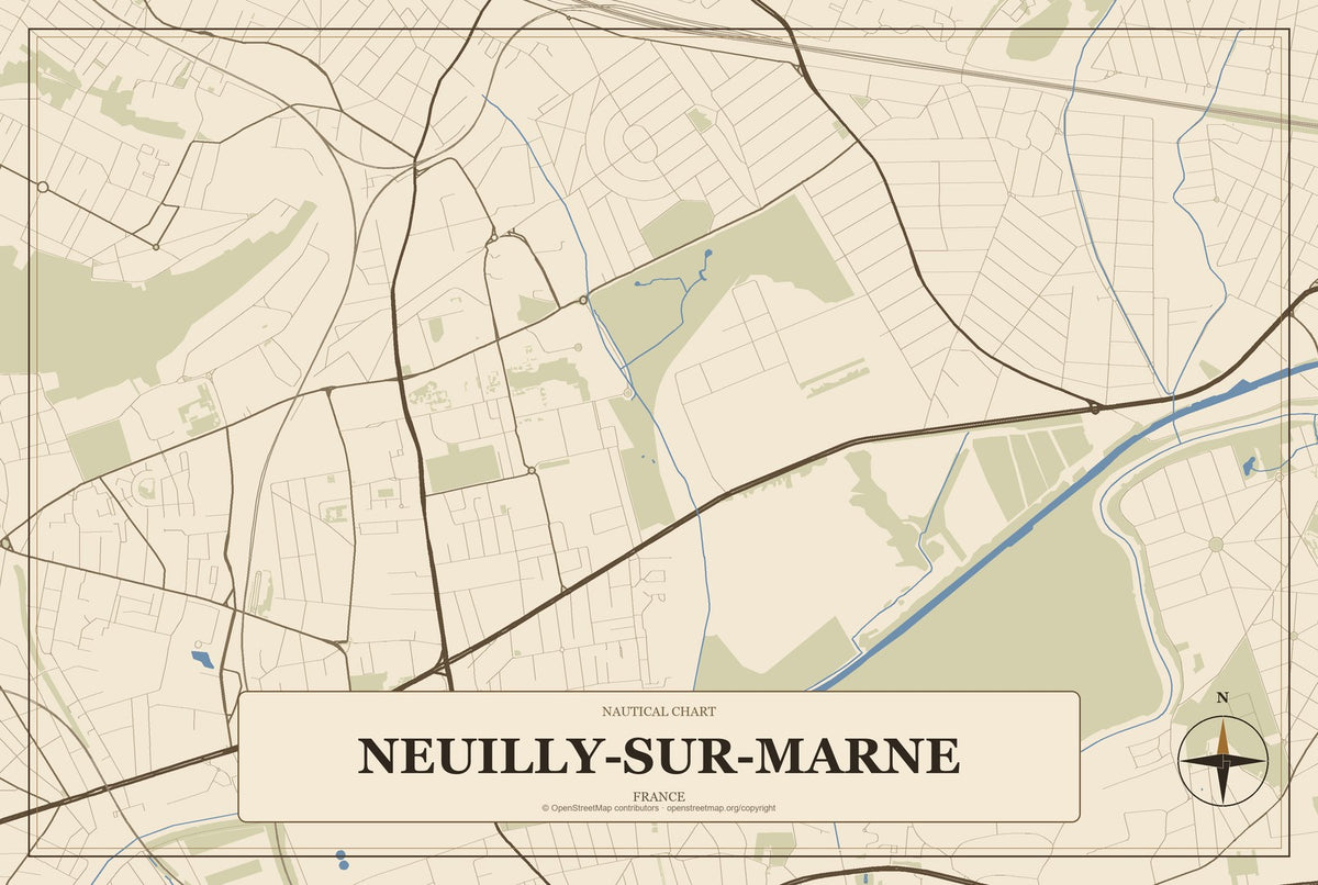 Neuilly-sur-Marne, France City Map Aluminum Sign in Heritage Nautical style