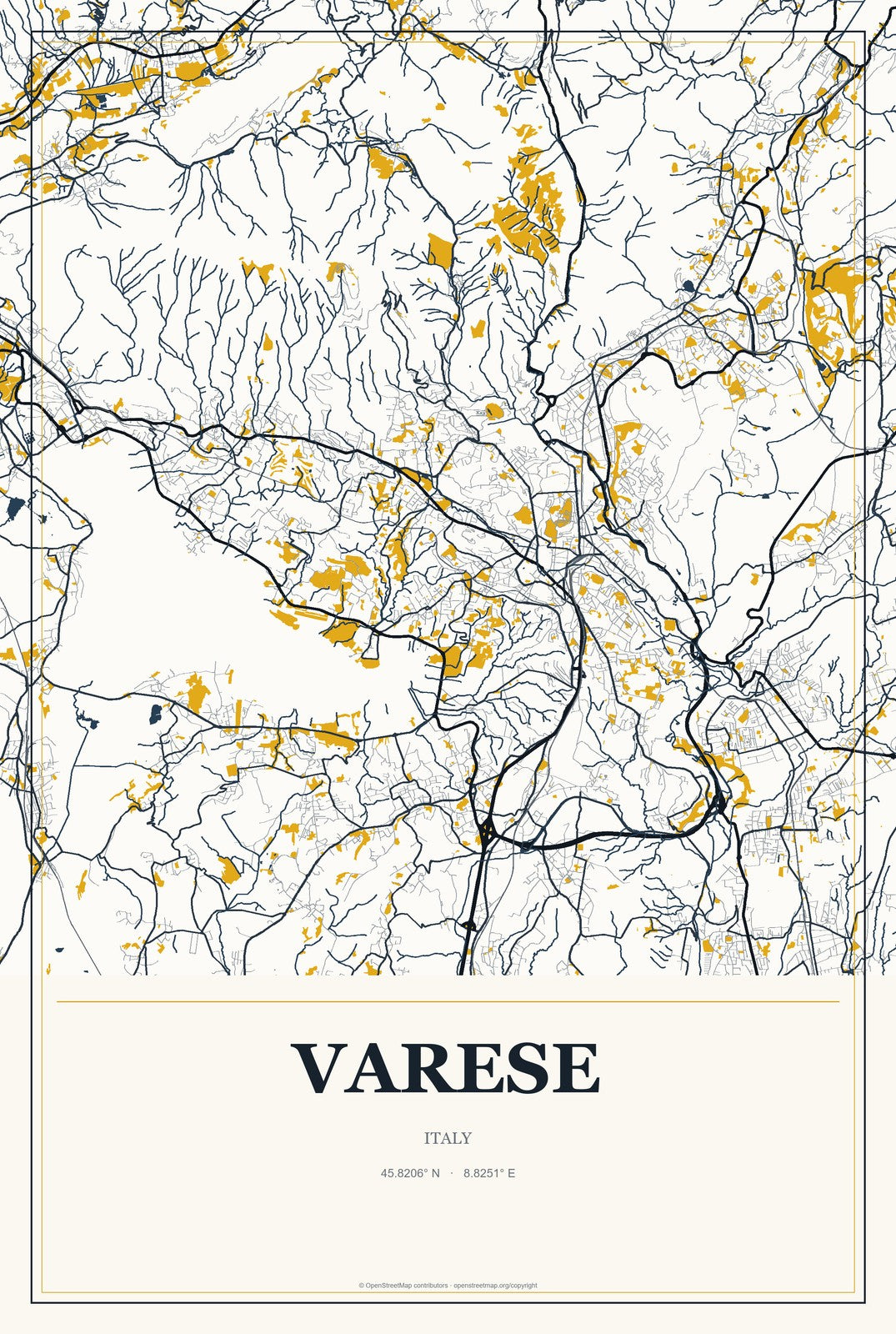 Varese, Italy City Map Aluminum Sign in Citrine Modern style