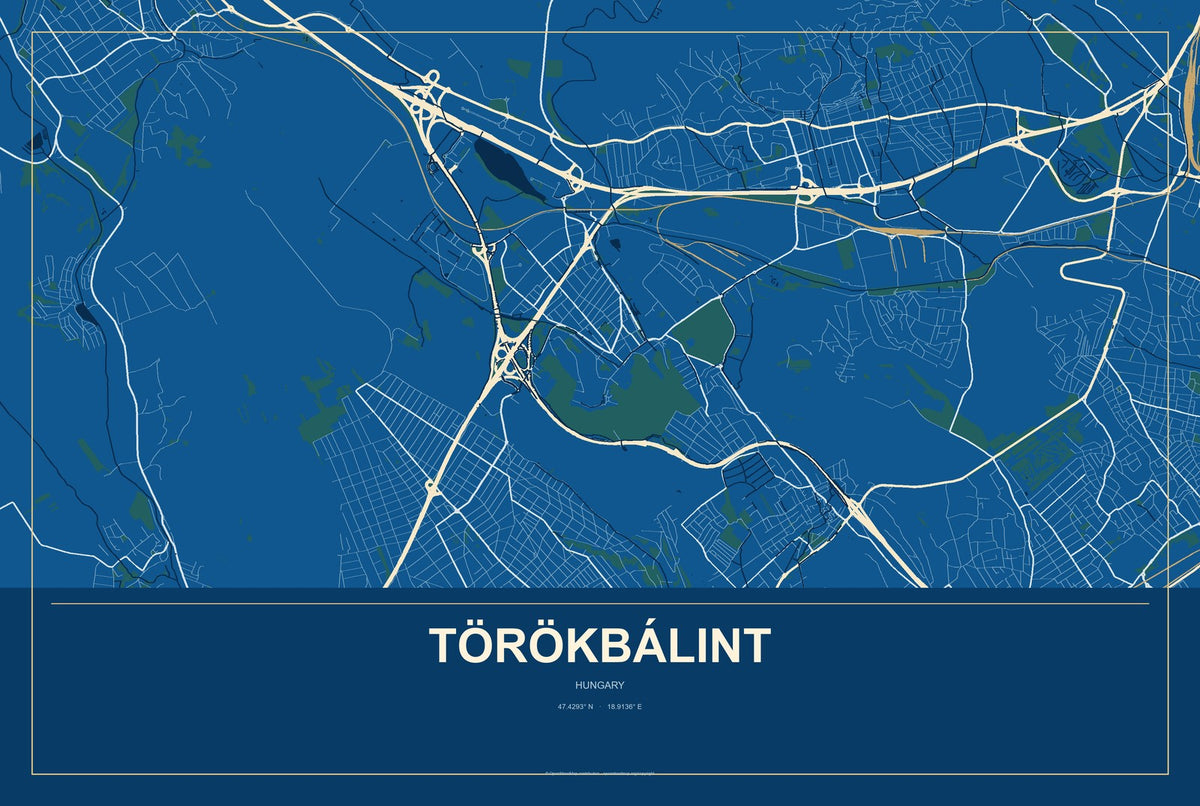 Törökbálint, Hungary City Map Aluminum Sign in Harbor Cobalt style