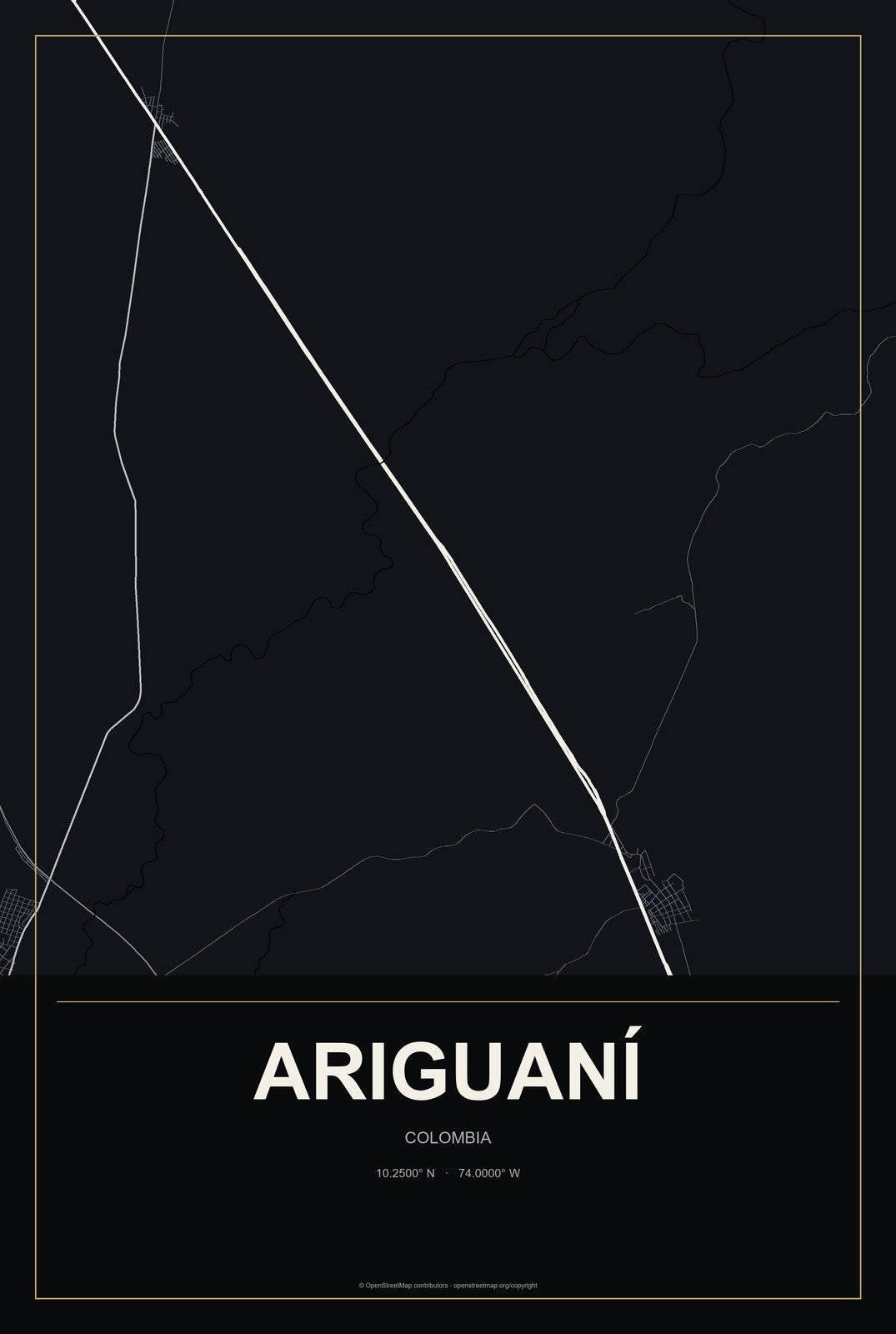 Ariguaní, Colombia City Map Aluminum Sign in Metropolitan Noir style