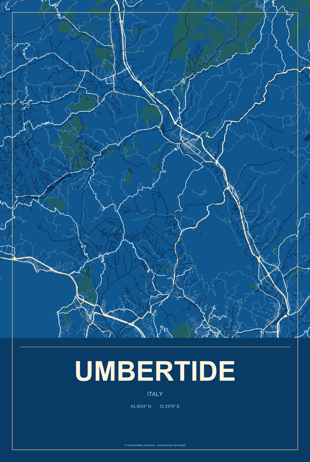 Umbertide, Italy City Map Aluminum Sign in Harbor Cobalt style
