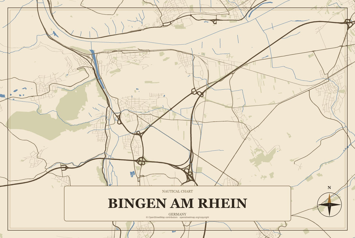 Bingen am Rhein, Germany City Map Aluminum Sign in Heritage Nautical style