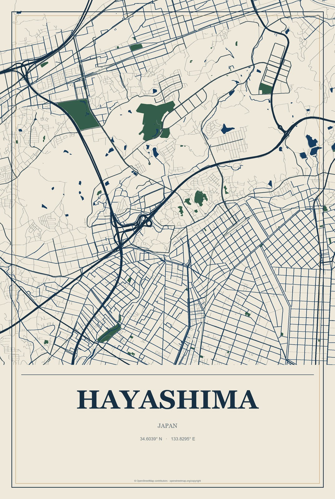 Hayashima, Japan City Map Aluminum Sign in Coastal Cutout style