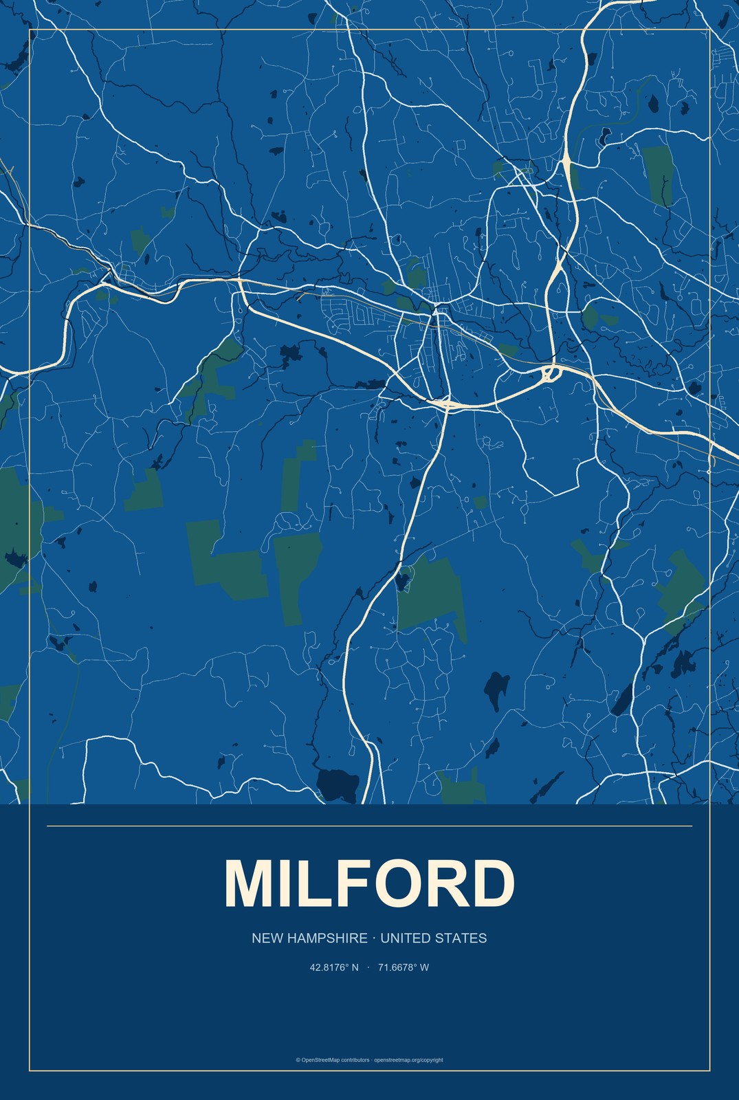 Milford, New Hampshire City Map Aluminum Sign in Harbor Cobalt style